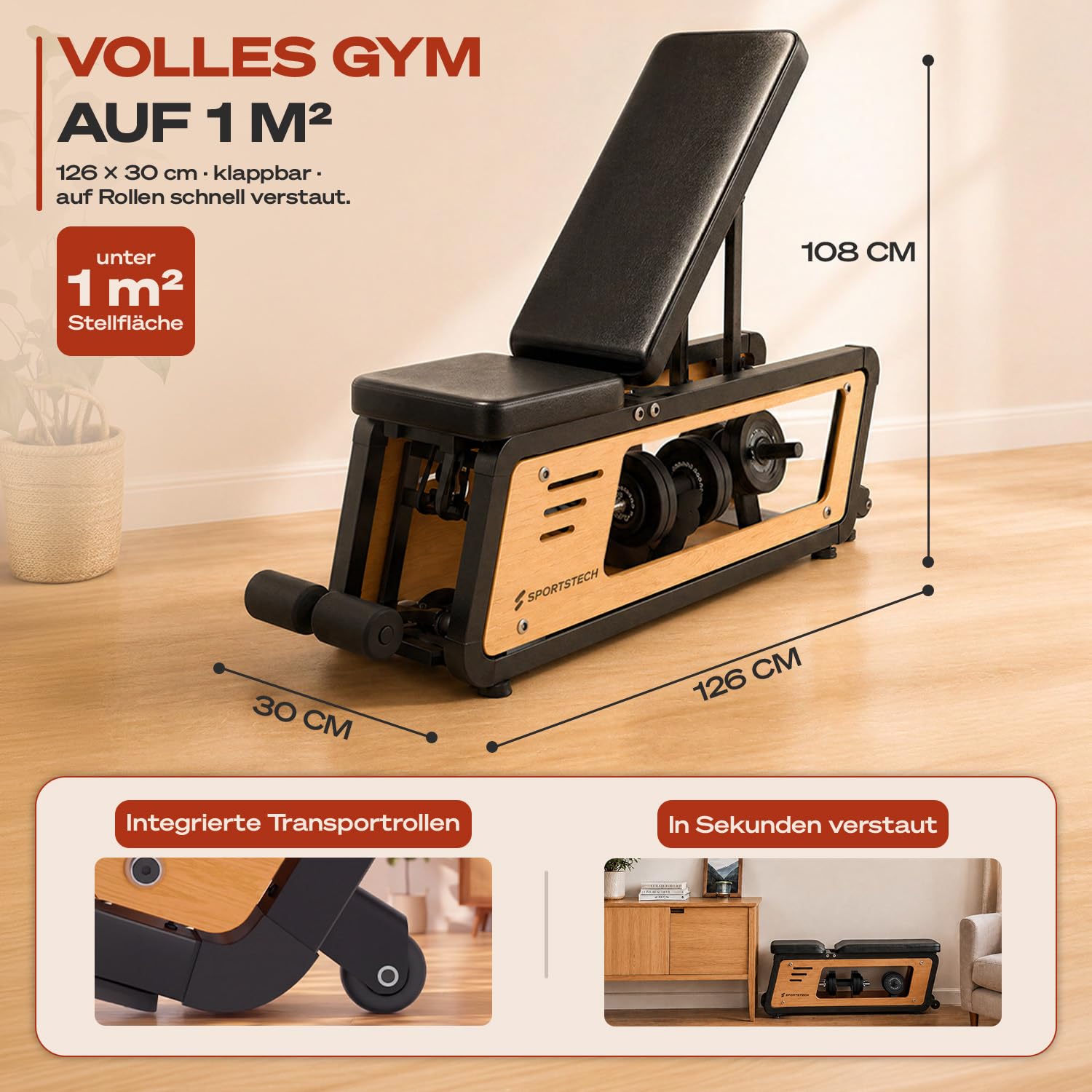 Sportstech Hantelbank Holz für Zuhause, 220 kg belastbar, mit Hantelablage