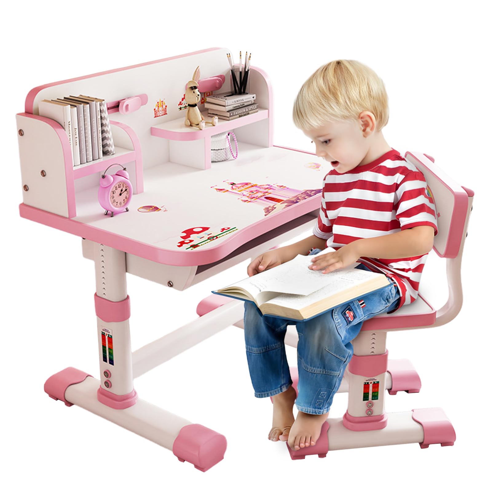 joukares Kids Functional Desk and Chair Set, Height Adjustable Children School Study Table Chair Set with Cartoon Pattern, Ergonomic Desk Chair with Large Writing Board, Book Stand and Storage Drawer