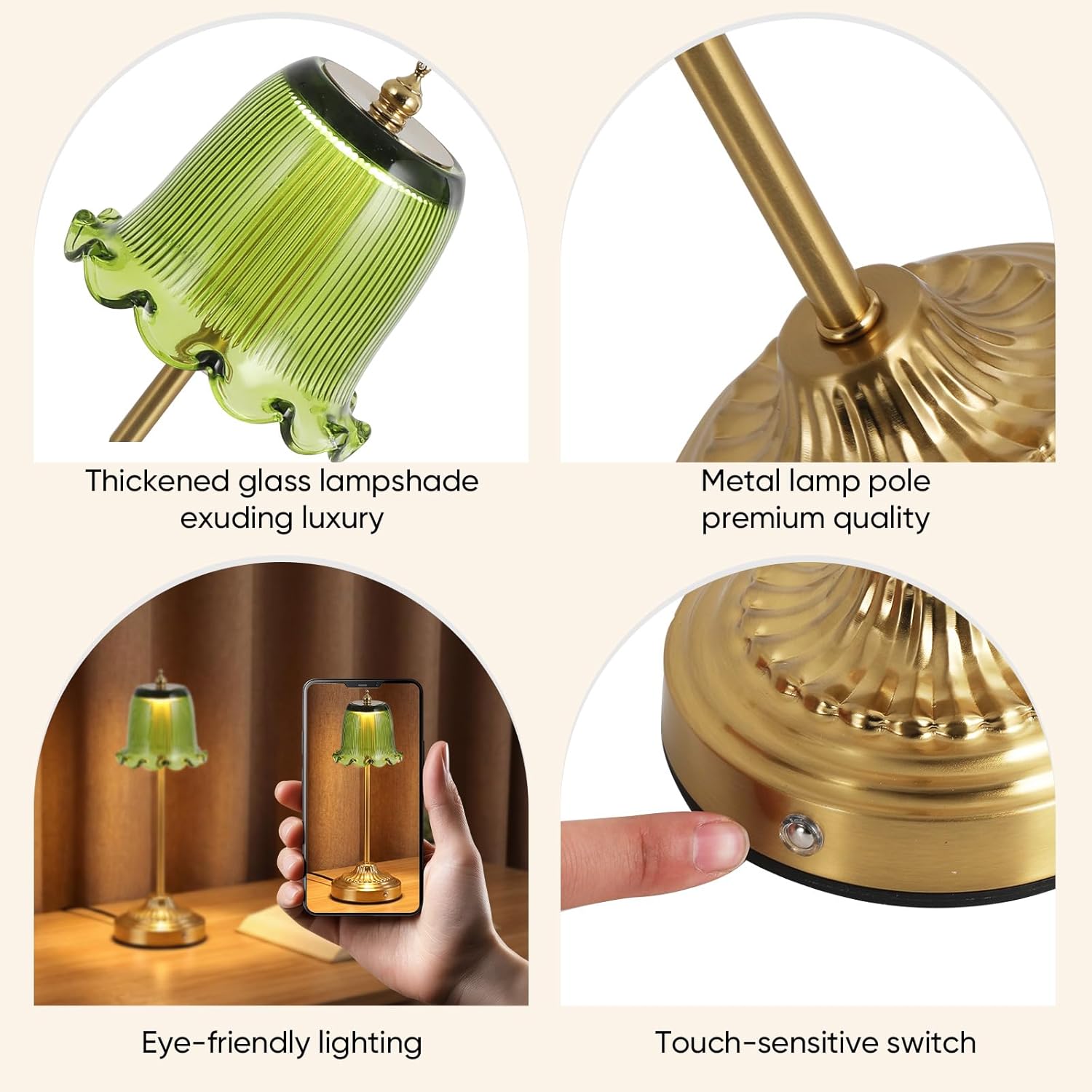 Cordless Glass Table Lamp,6500mAH Portable Rechargeable Lamps,3 Color Modes & Stepless Dimmable LED Touch Lamp,Gold Battery Operated Small Desk Lamp for Bedside,Kitchen,Living Room,Restaurant Outdoor