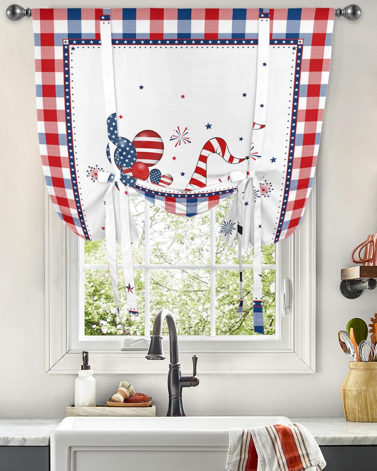 Independence Day Tie Up Window Shade Curtain Gnome 4th of July Balloon Fireworks Kitchen Adjustable Balloon Curtains Shades Drape 52x63In for Living Room/Bedroom/Cafe Windows Buffalo Check