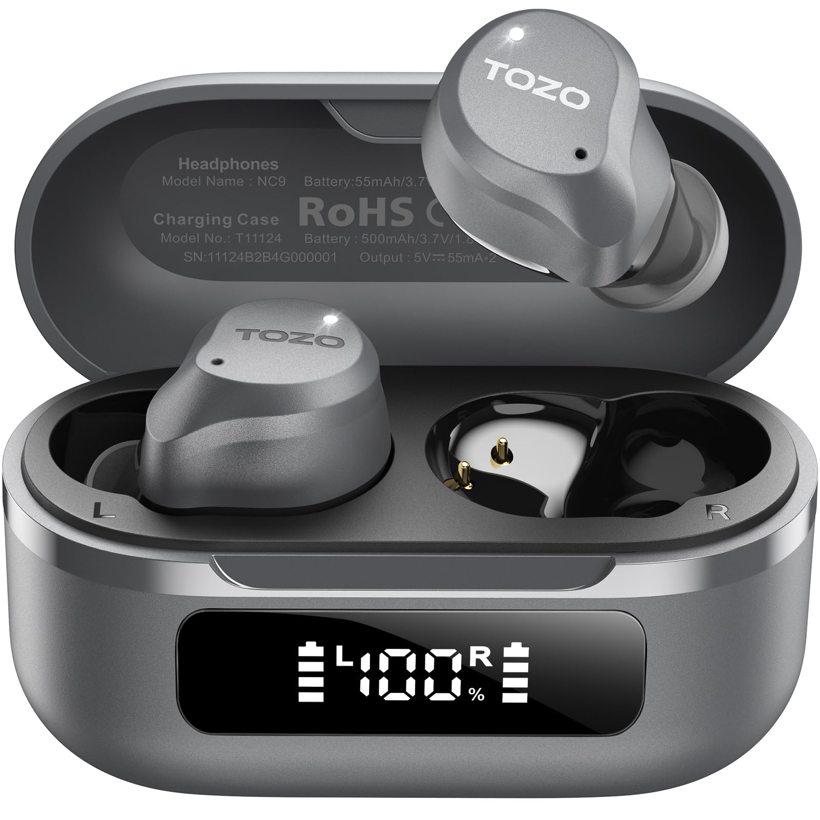 TOZO NC9 Hybrid Active Noise Cancelling Wireless Earbuds, 6 Mics ENC Clear Call, IPX8 Waterproof, in Ear Bluetooth 5.3 Headphones Stereo Bass Ear Buds 60H Playtime with LED Display 32 EQs via APP