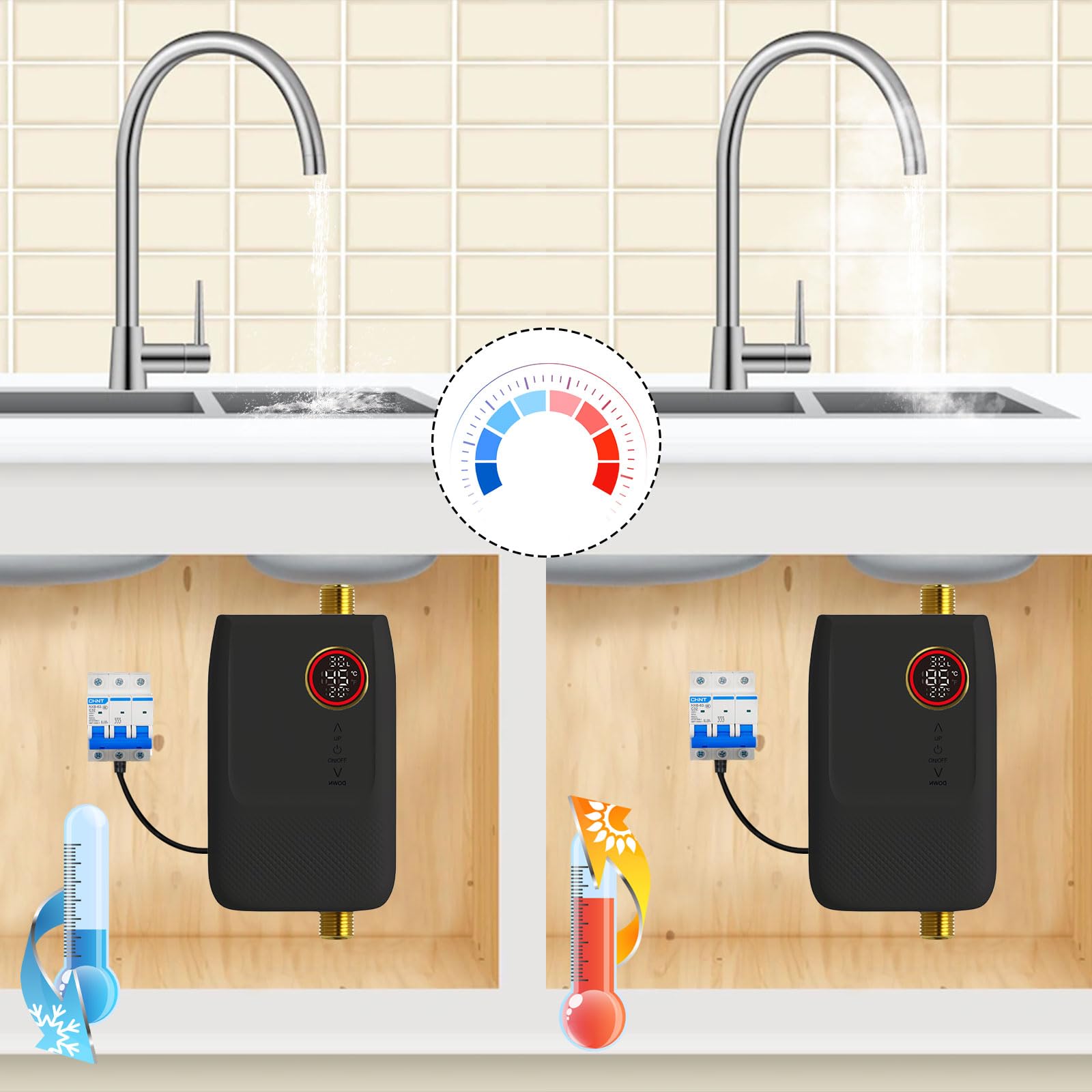 5500W 220V Chauffe-eau Instantané, Mini Chauffe Eau Instantané Electrique, Affichage LED, Température Réglable Chauffage électrique Avec écran Tactile Et Télécommande Pour RV Cuisine Salle De
