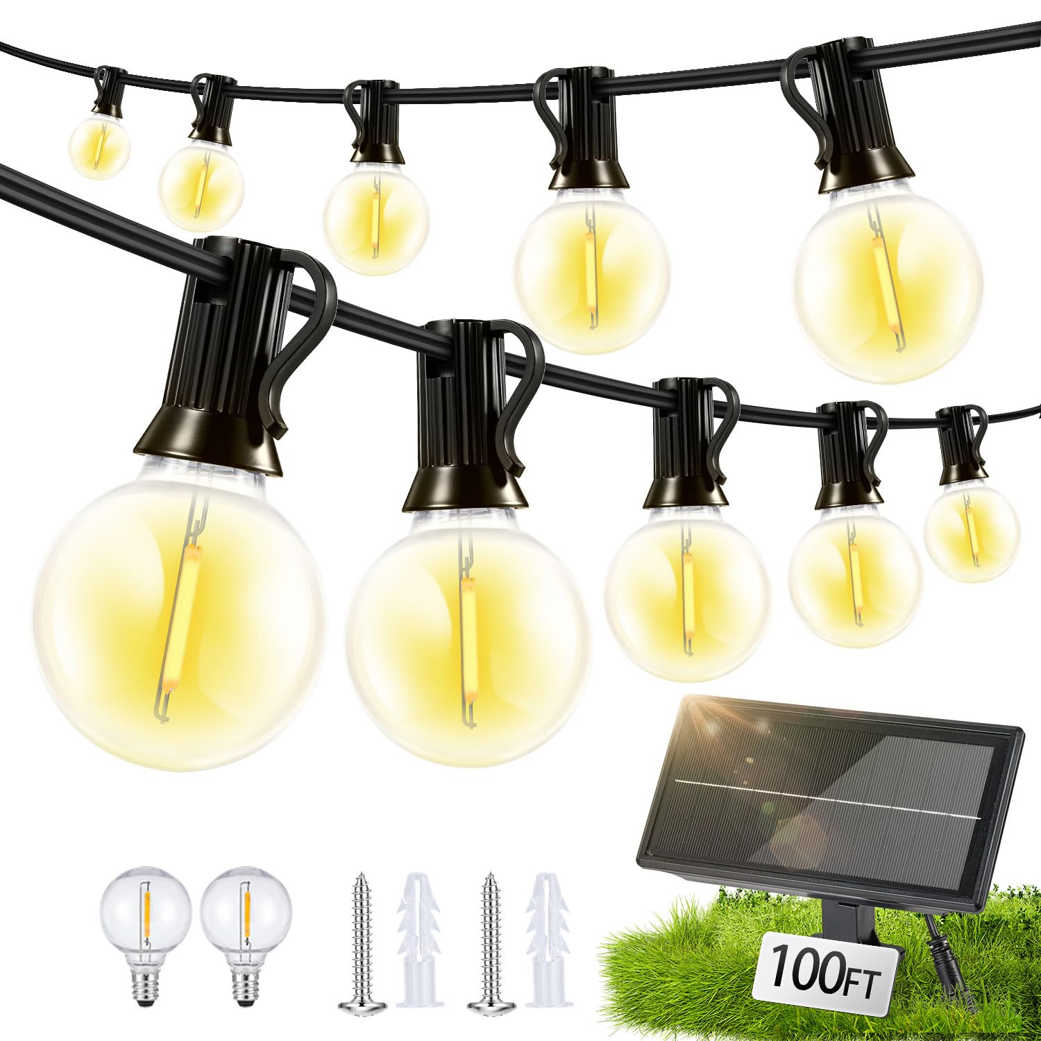 FUANXIEI Solar Lights Outdoor Waterproof: G40 30M 100FT Shatterproof Bulbs Patio Lights - Solar Powered 3 Light Modes Solar Light - Camping Backyard