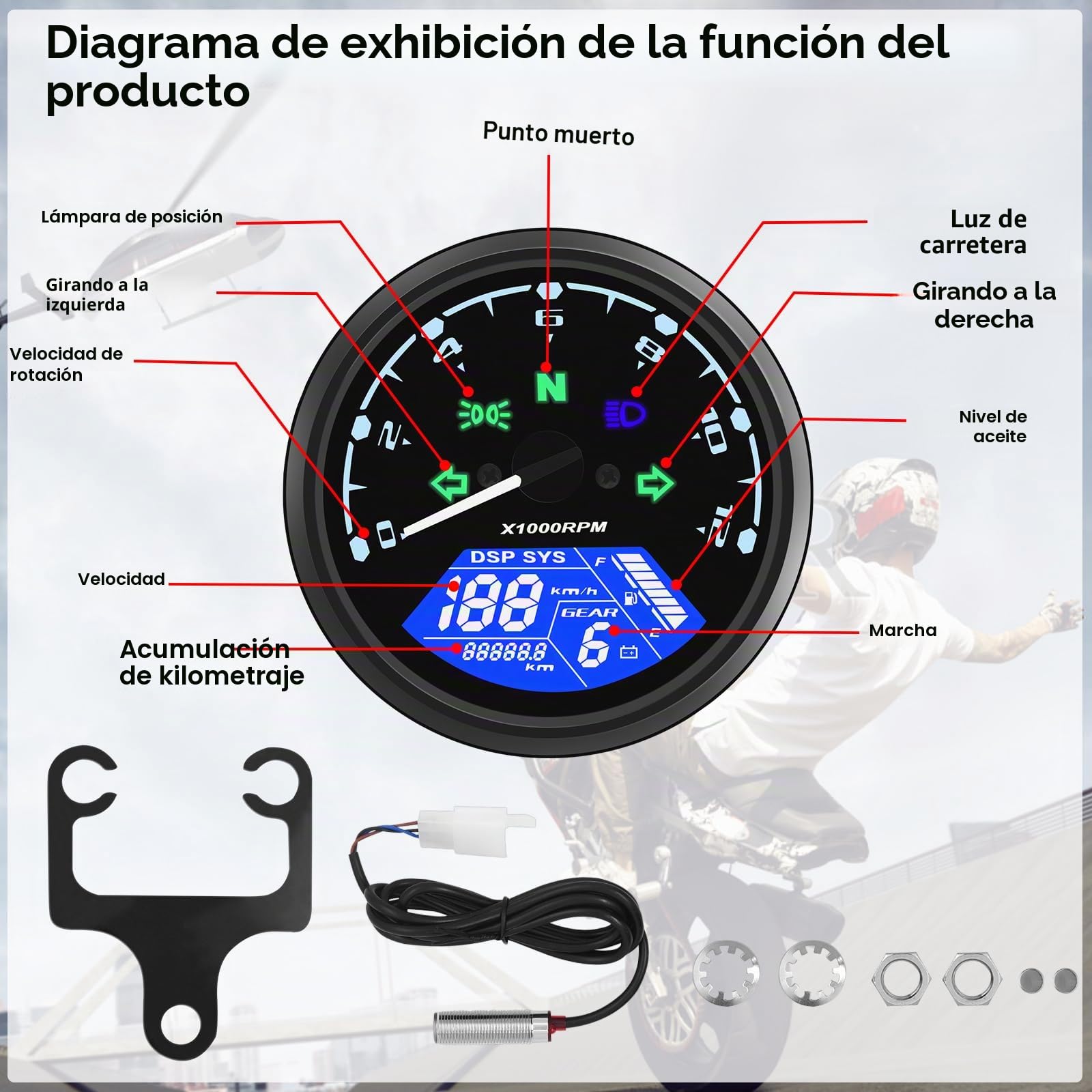 Geloo12000 rpm Cuentakilómetros Digital Universal para Moto con Soporte | Velocímetro digital 199 KMH MPH para1,2,4 Cilindros Con Indicador Multifunción 12V, LCD Cuentarrevoluciones