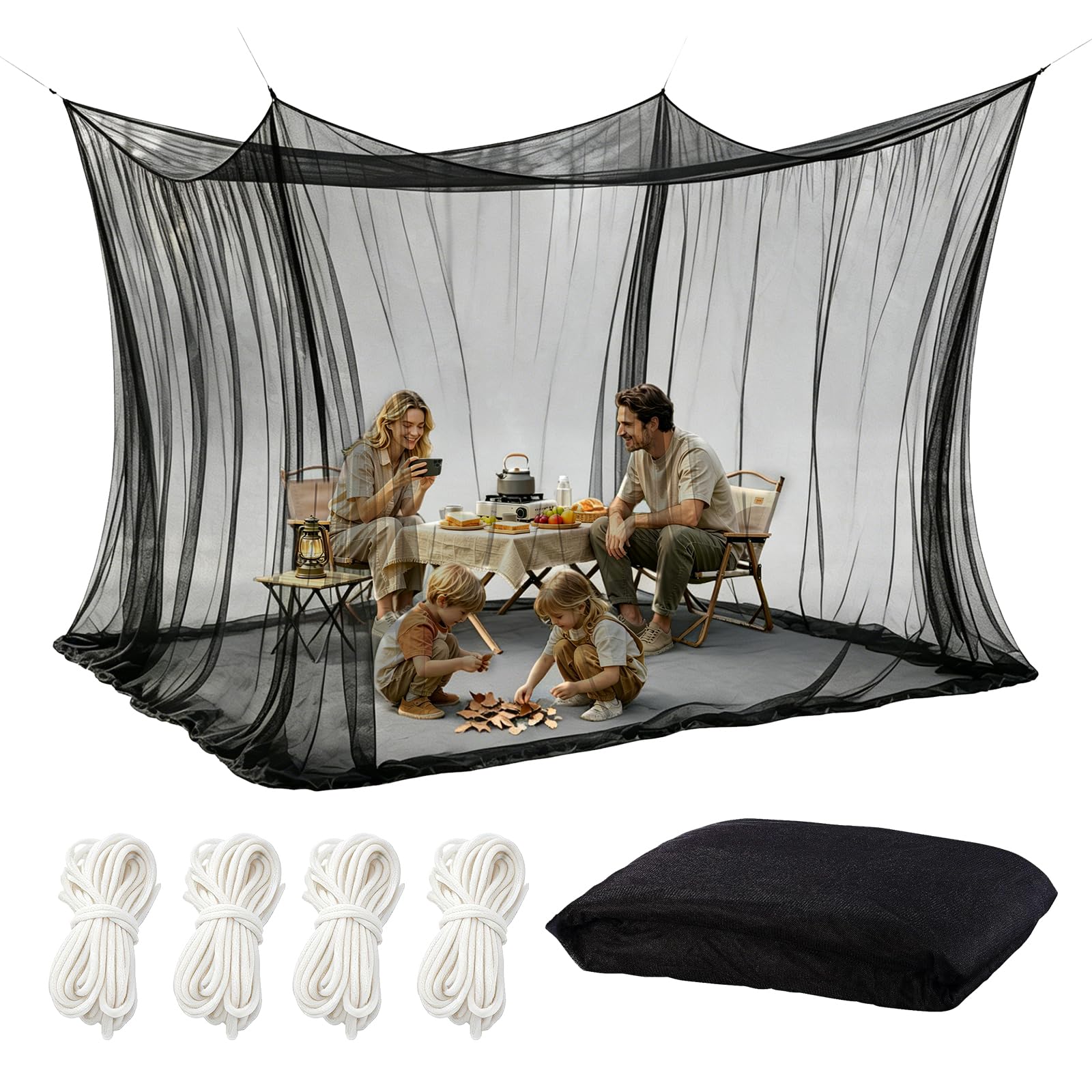 Mosquitera Jardín 3m x 3m, Mosquitera Exterior Grande XXL para Cenador, Camping y Terraza, Red Antiinsectos Transpirable de Alta Densidad con Cuerdas de Fijación (Black)