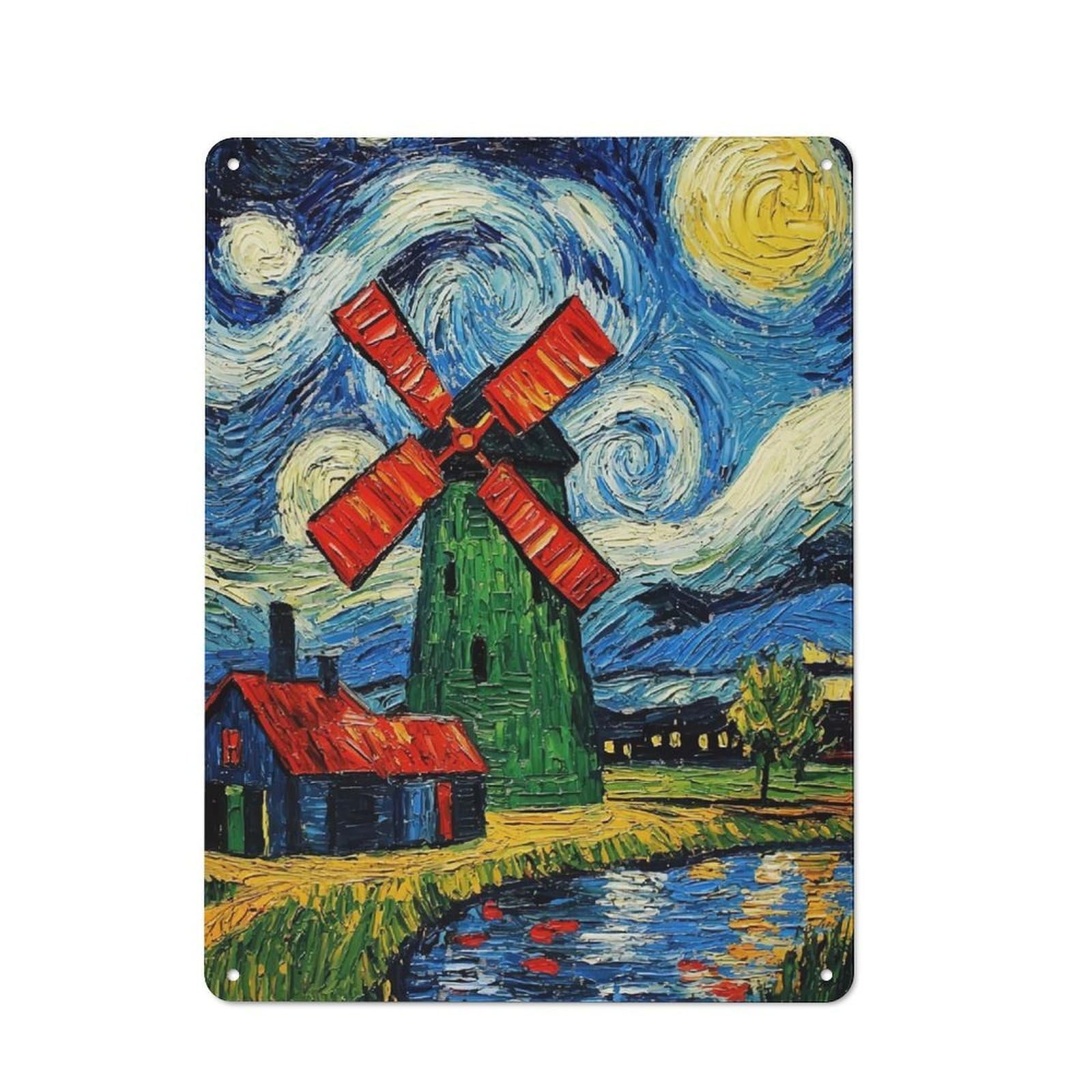 Junmoney Starry Night Windmill 40X30cm Rustic Metal Sign With For Hobby Room Or Studio, Metal Sign Decor For Hobby Rooms And Studios