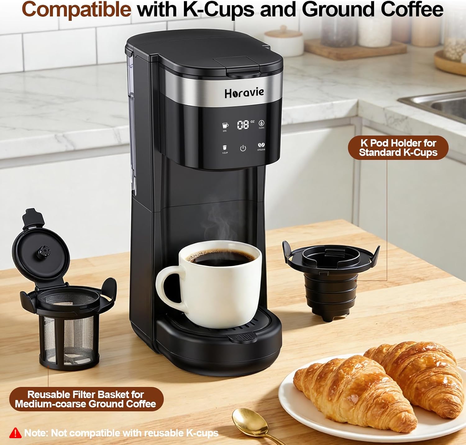 All-in-1 Single Serve Coffee Maker, Fit 7.8" Travel Mug, Hot & Iced K Cup Coffee Machine with 5 Brew Sizes, One Cup Coffee Maker with Descaling and Low Water Alert, 30oz Removable Reservoir, Black