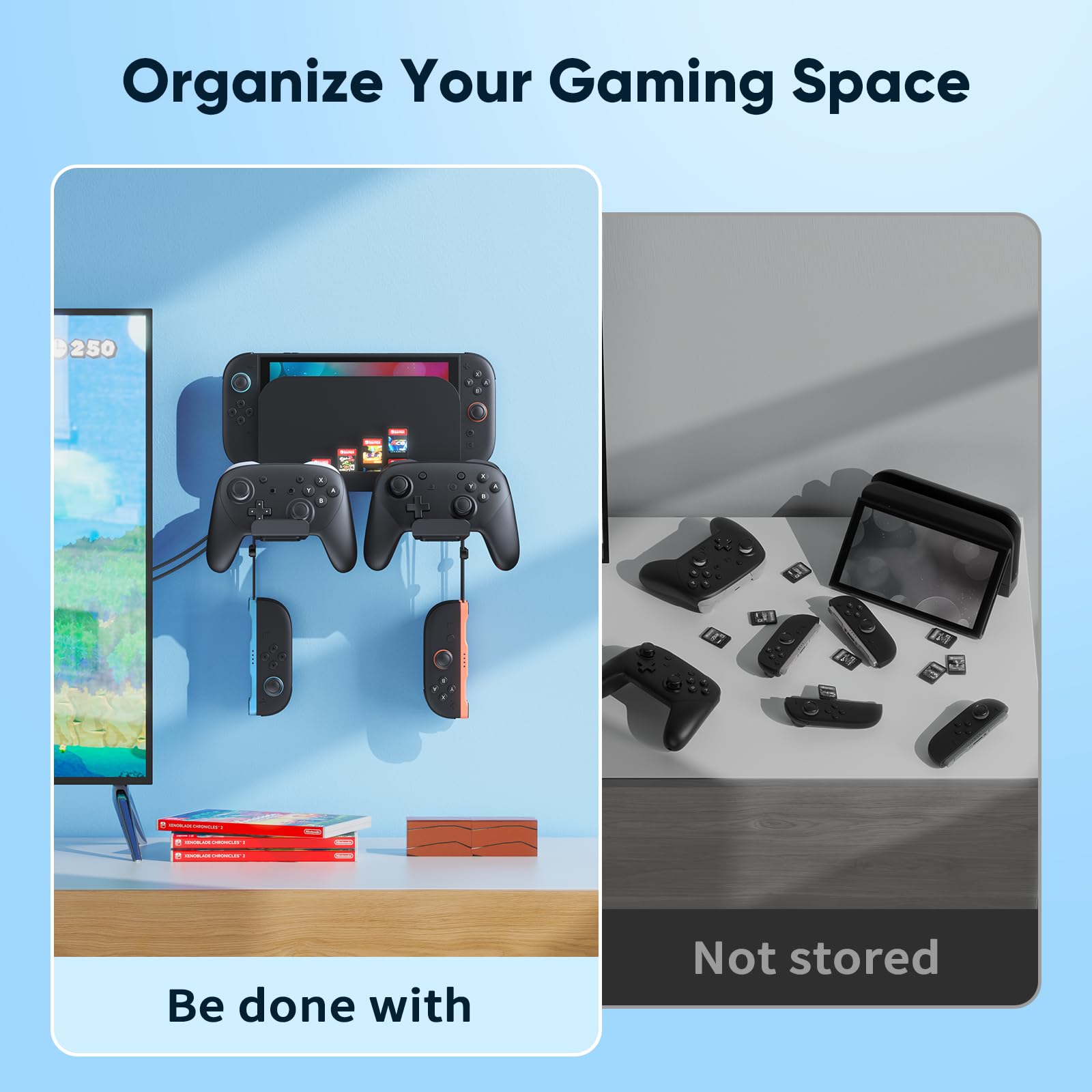 Klipdasse Support Mural Métallique pour Nintendo Switch 2/1 (Montage derrière TV) - Étagère Organisatrice Switch 2 avec 10 Fentes pour Cartes de Jeu et 4 Crochets pour Joycon
