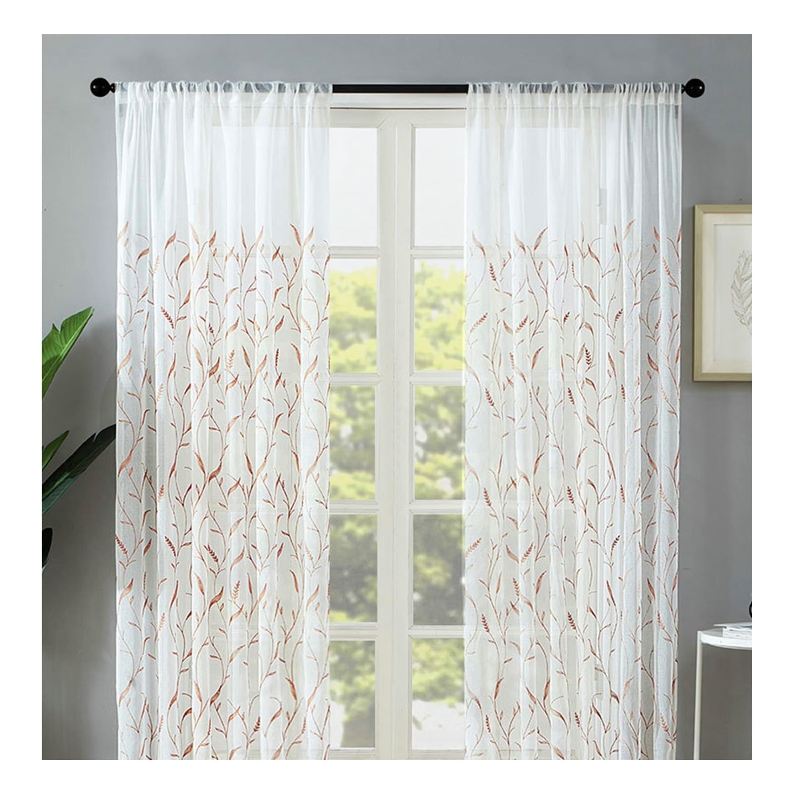 Beige und Weiß Vorhänge 2 Stück, Polyester Transparente Voile Vorhänge Blumen Bestickt Moderne Rod Tasche Kurz für Schlafzimmer, H244 x B132 cm
