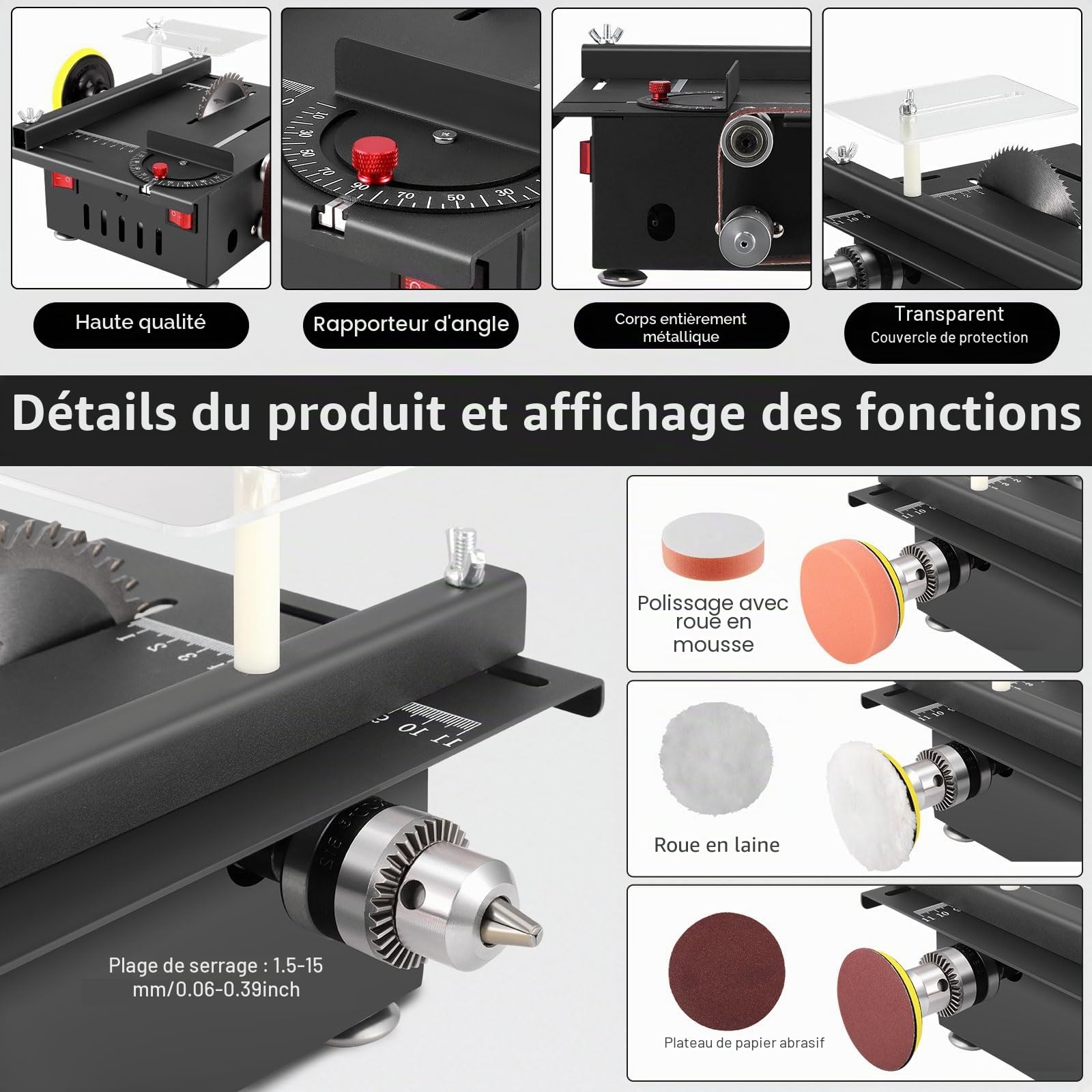 Mini scie circulaire de table et ponceuse à bande, scie circulaire avec angle de coupe réglable 0‑90°, mini poste de travail électrique pour bricolage DIY bois, 4 lames, lame de scie 30 mm, noir