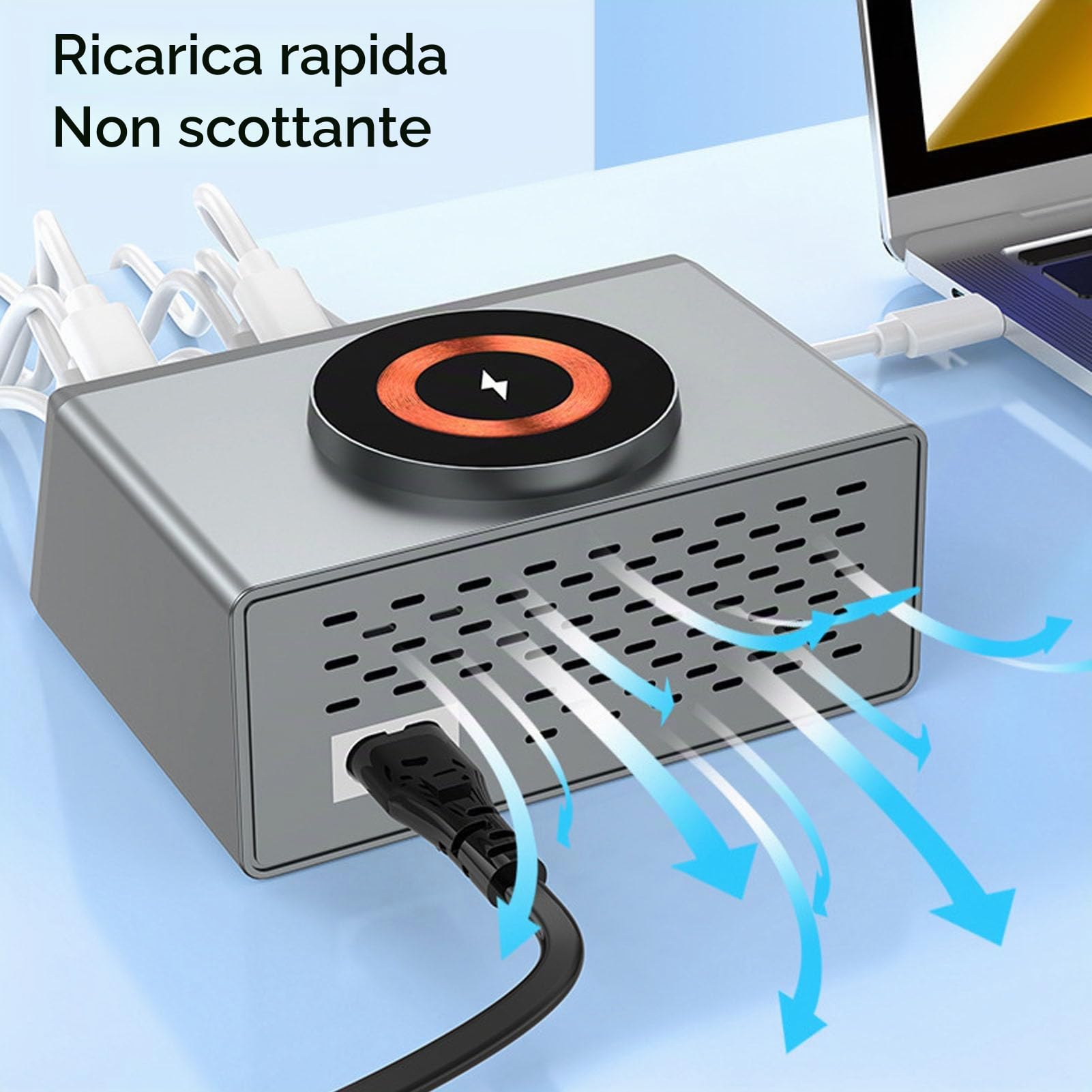 Stazione di Ricarica, Caricabatterie Tavolo 140W con Display LCD, Multiporta con PD da 65W, QC3.0, Ricarica Wireless Magnetica 15W, Supporta 9 (Spina europea)