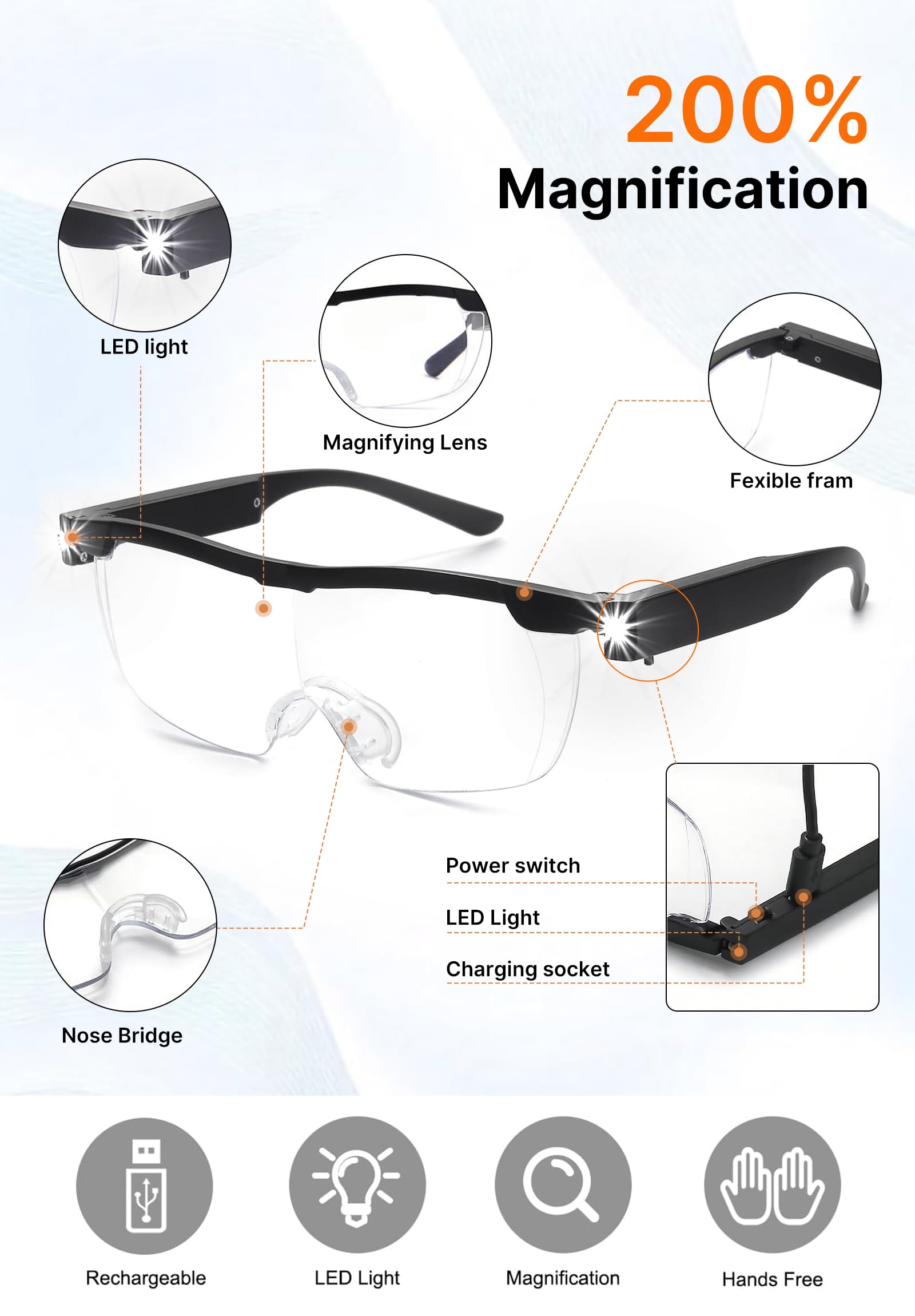Loupes grossissantes 200 % avec lumière et lumière – Rechargeables – Lunettes de vue mains libres pour travail de rapprochement, artisanat, bijoutiers, lecture, loisirs (noir, 1,6X)