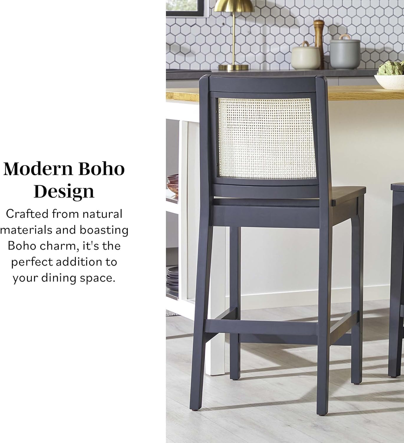 Black Solid Wood and Rattan Counter Stools, Set of 2