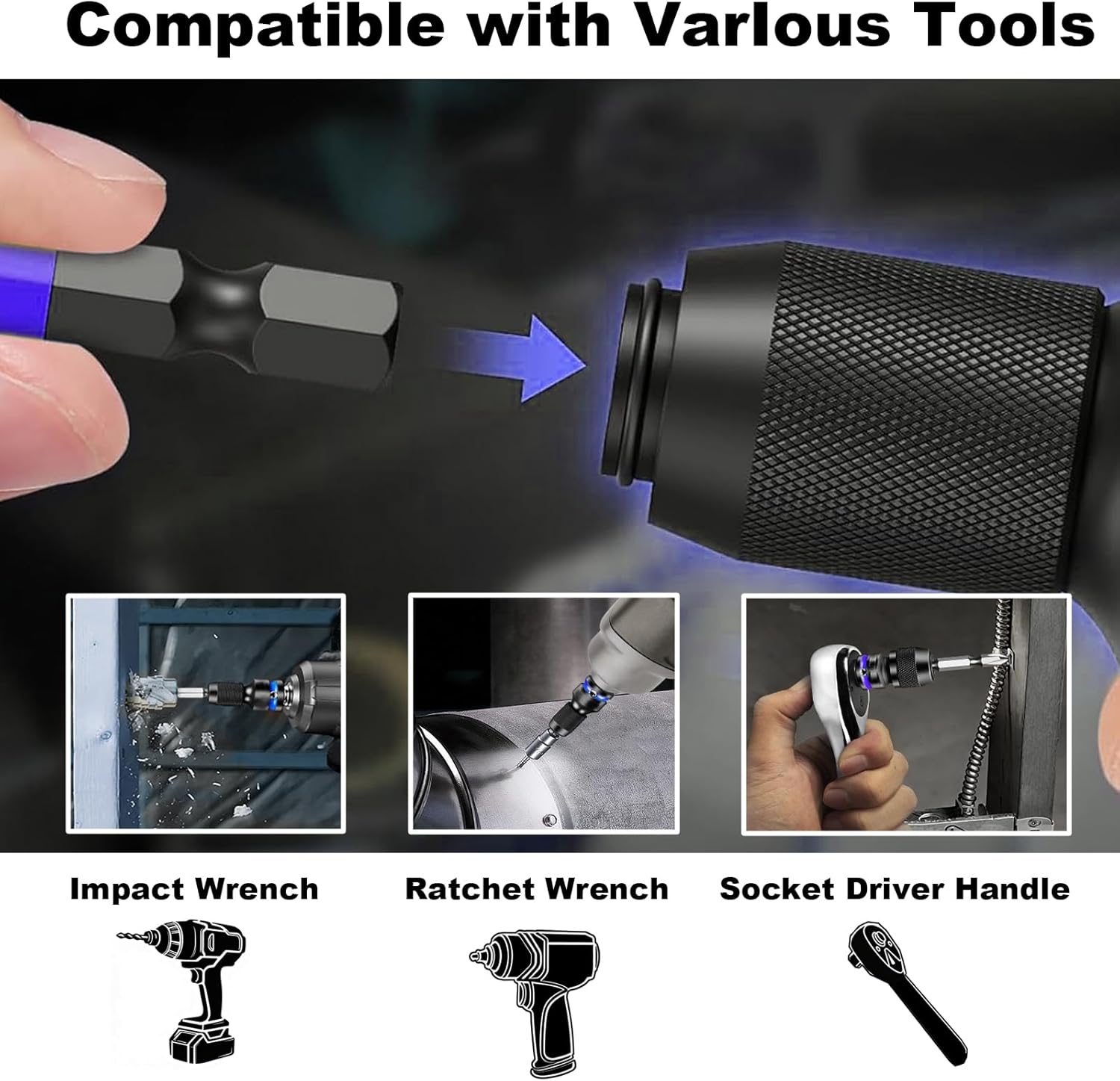 NORTOOLS 3PCS Quick Release Impact Bit Holders 1/4 Hex Converter,1/2-inch, 3/8-inch and 1/4-inch Drive Female to 1/4-Inch Hex Socket Adapter for Impact Wrench,Chuck,Cr-Mo Steel