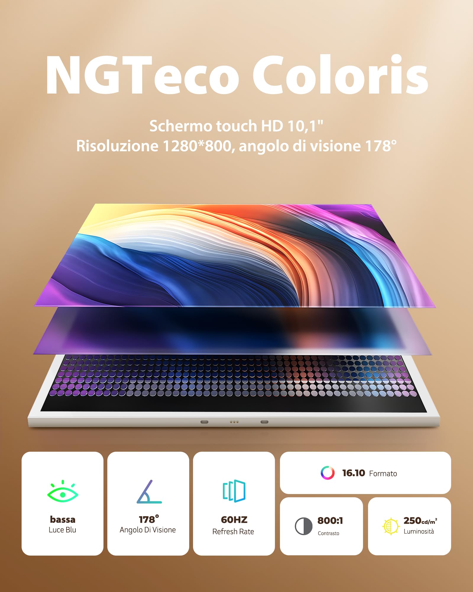 Cornice Digitale WiFi NGTeco 10.1", Ricaricabile Senza Fili con Batteria 5000mAh, Base Wireless, Schermo Touch IPS HD, Rotazione Automatica, Condivisione con App Frameo