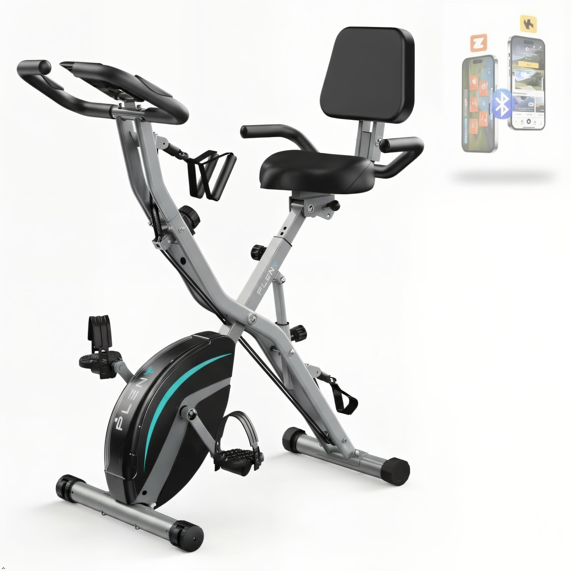 Pleny Folding Exercise Bike, 5 IN 1 Stationary Bikes for Home 6.6 LBS Flywheel, 330LB Weight Capacity Back Support Cushion Indoor Workout Cycling Bike for Home Gym, Gray-blue