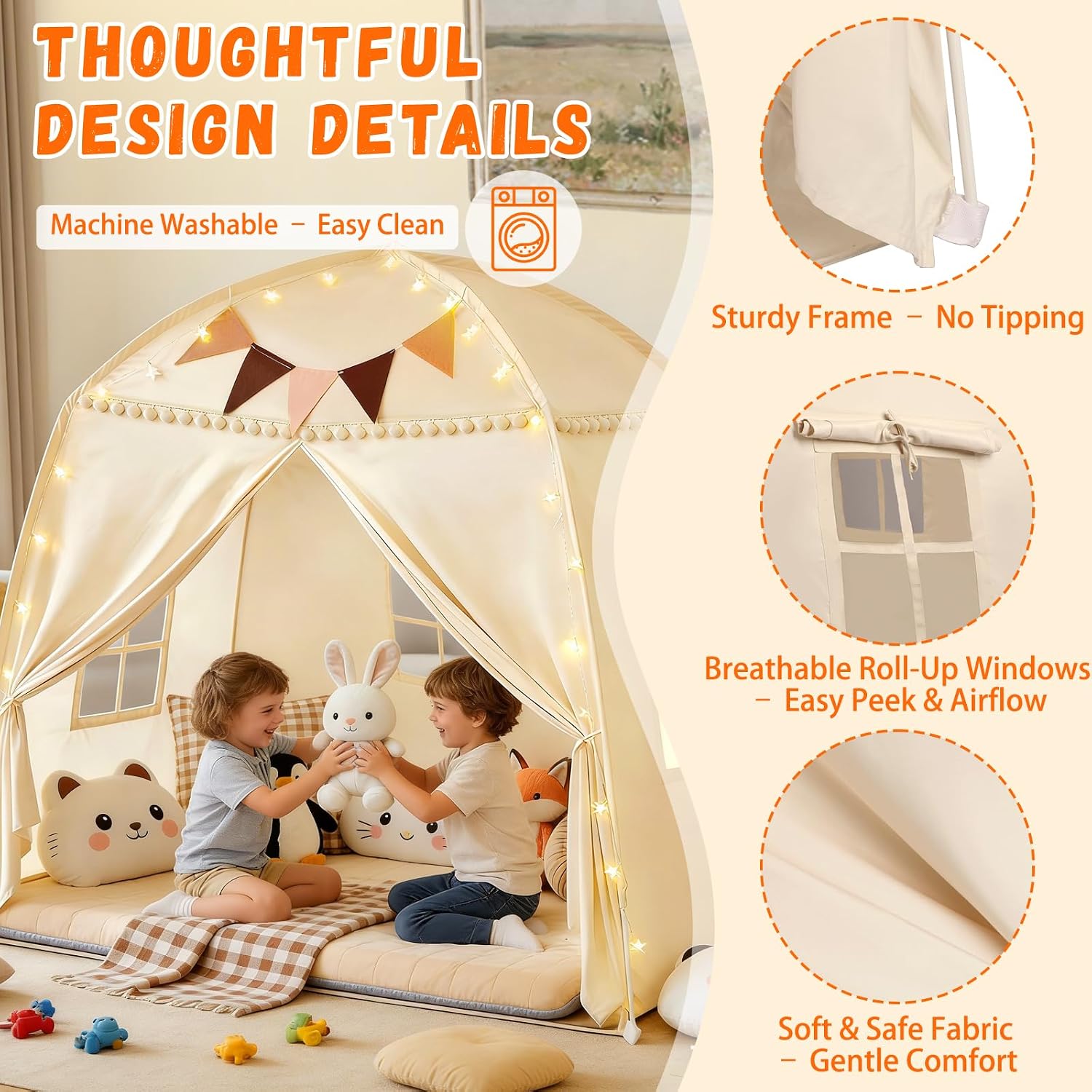 Large Teepee Tent for Kids: with Star Lights & Flags - 3-Window Cone Ball Playhouse for Indoor & Outdoor - Portable & Foldable Gift for Boys & Girls - Cream, 59.1"x39.4"x59.1"