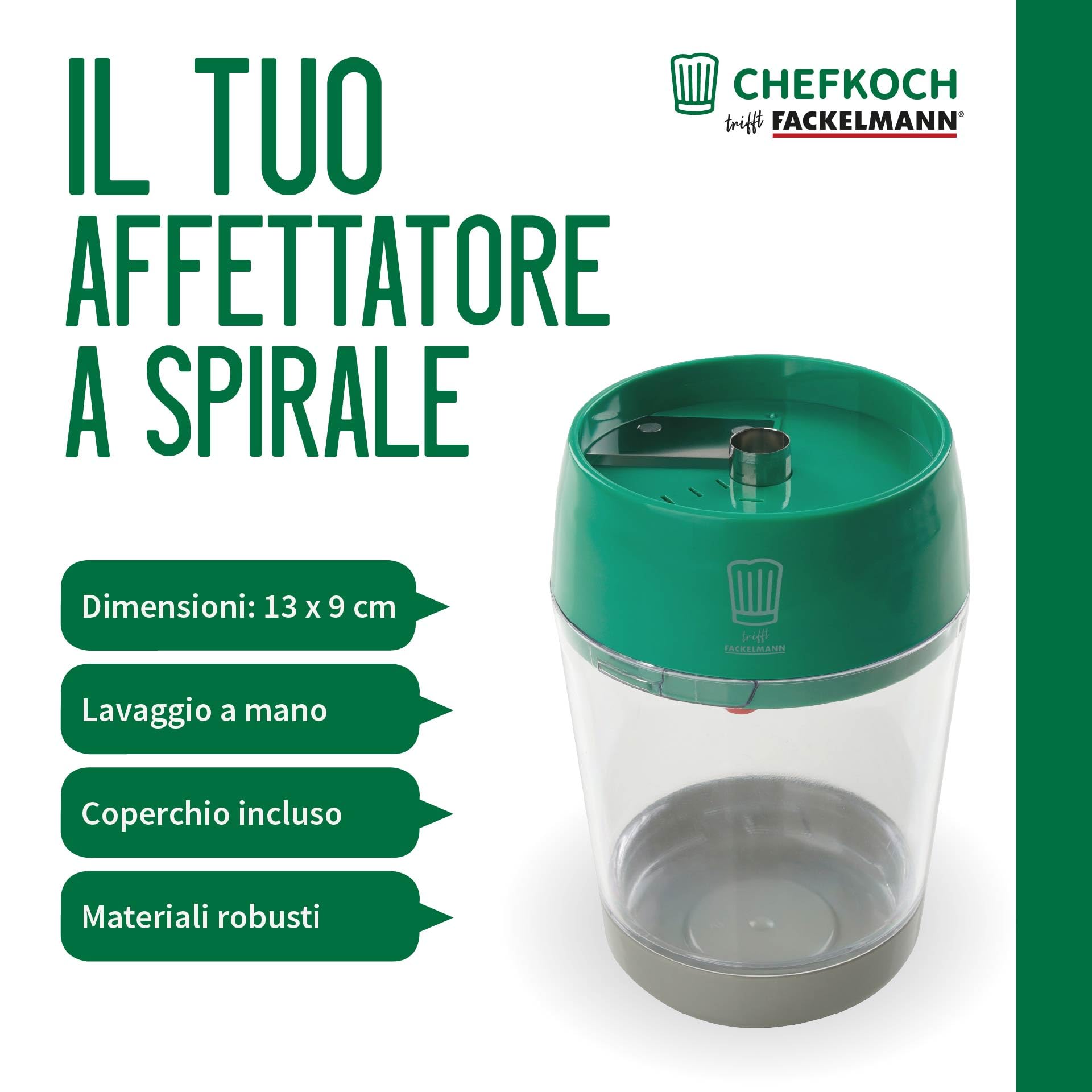 Chefkoch incontra Fackelmann Affettatrice a spirale in ABS e acciaio inox, 13 x Ø 9 cm, per spirali larghe, sottili e piccole, con coperchio e fondo rimovibile, verde/grigio