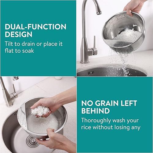 Miniatura 10 de Navaris Colador de acero inoxidable de 2.8L  3 cuartos de galón - Colador de metal con agujeros grandes y asas para pasta, espaguetis, verduras,