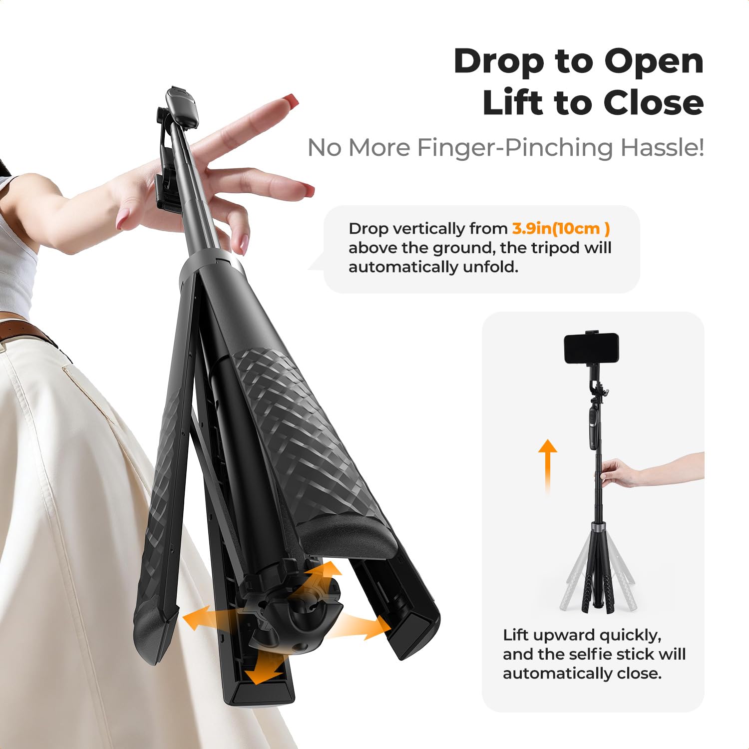 Automatyczny kij do selfie K&F CONCEPT 180 cm z 4 nogami (aktualizacja 2026), uchwytem stabilizującym i obrotowym statywem do telefonu 360°, kompatybilny z telefonami iPhone/Samsung/Android i DJI Osmo
