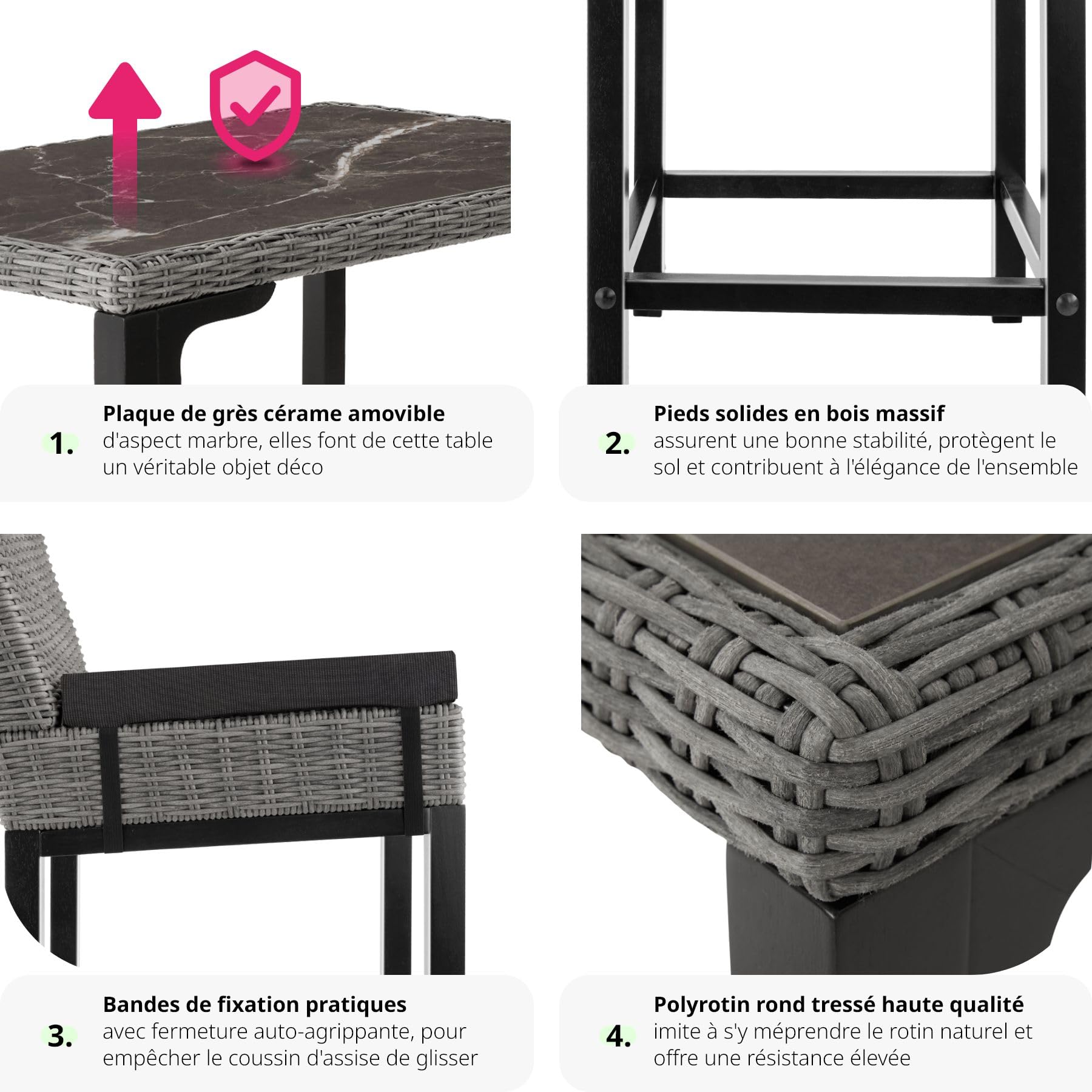 tectake® Ensemble de Bar Extérieur en Poly Rotin 2 Places - Table et 2 Chaises de Jardin avec Coussins Inclus - Mobilier pour Aménagement Balcon
