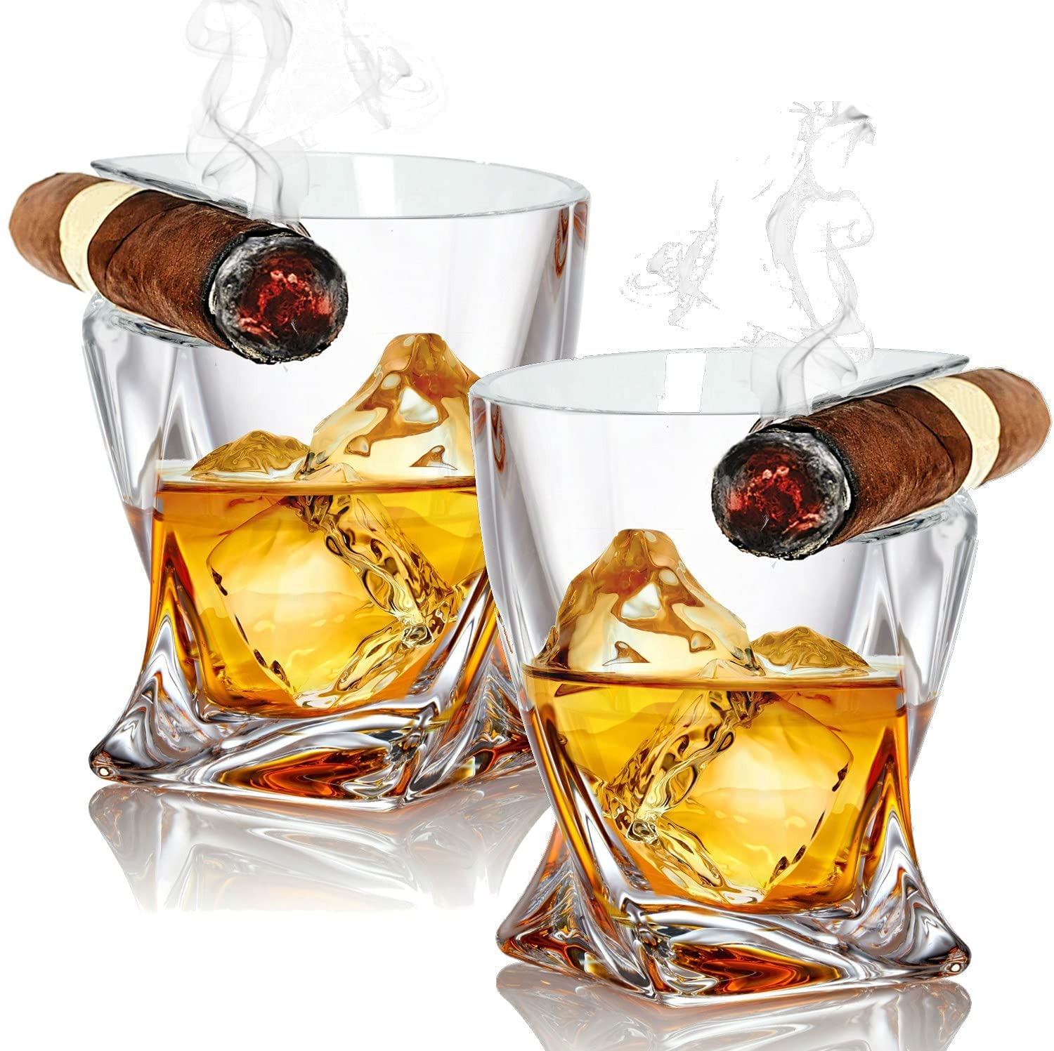 jaffiustCigar Whiskey Glasses - Unique Ice Ball Bottom Design, Old Fashioned Whiskey Glasses with Cigar Holder Rest,Set of 2, Whiskey Gifts for Men, Dad, Boyfriend, Husband, Grandpa(Rectangle-B)