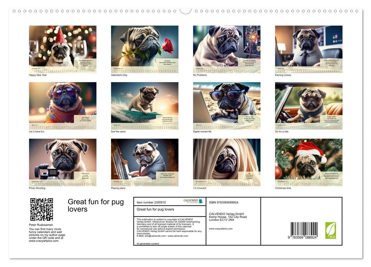 Great fun for pug lovers (High Quality Premium Wall Calendar 2027 DIN A2 landscape),CALVENDO 12 Month Wall Calendar: A must have for all pug owners who love humor