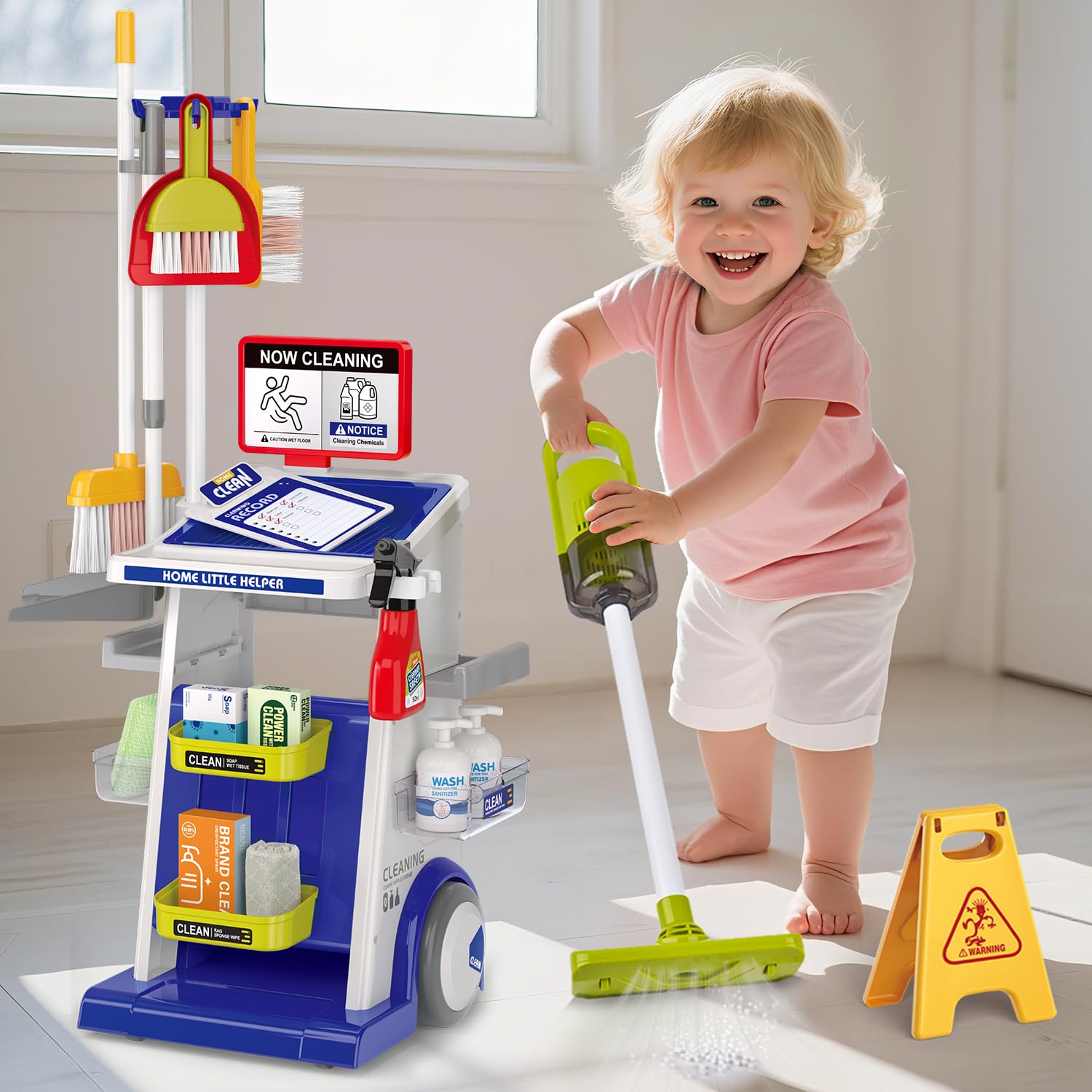 Kinder Reinigung Set, Kinderstaubsauger Mit Saug und Soundfunktion,Kehrschaufel Set Handfeger Besen und Kehrset Spielzeug,Spielzeug für die Hausreinigung für Jungen und Mädchen ab 3 Jahren (Blau)