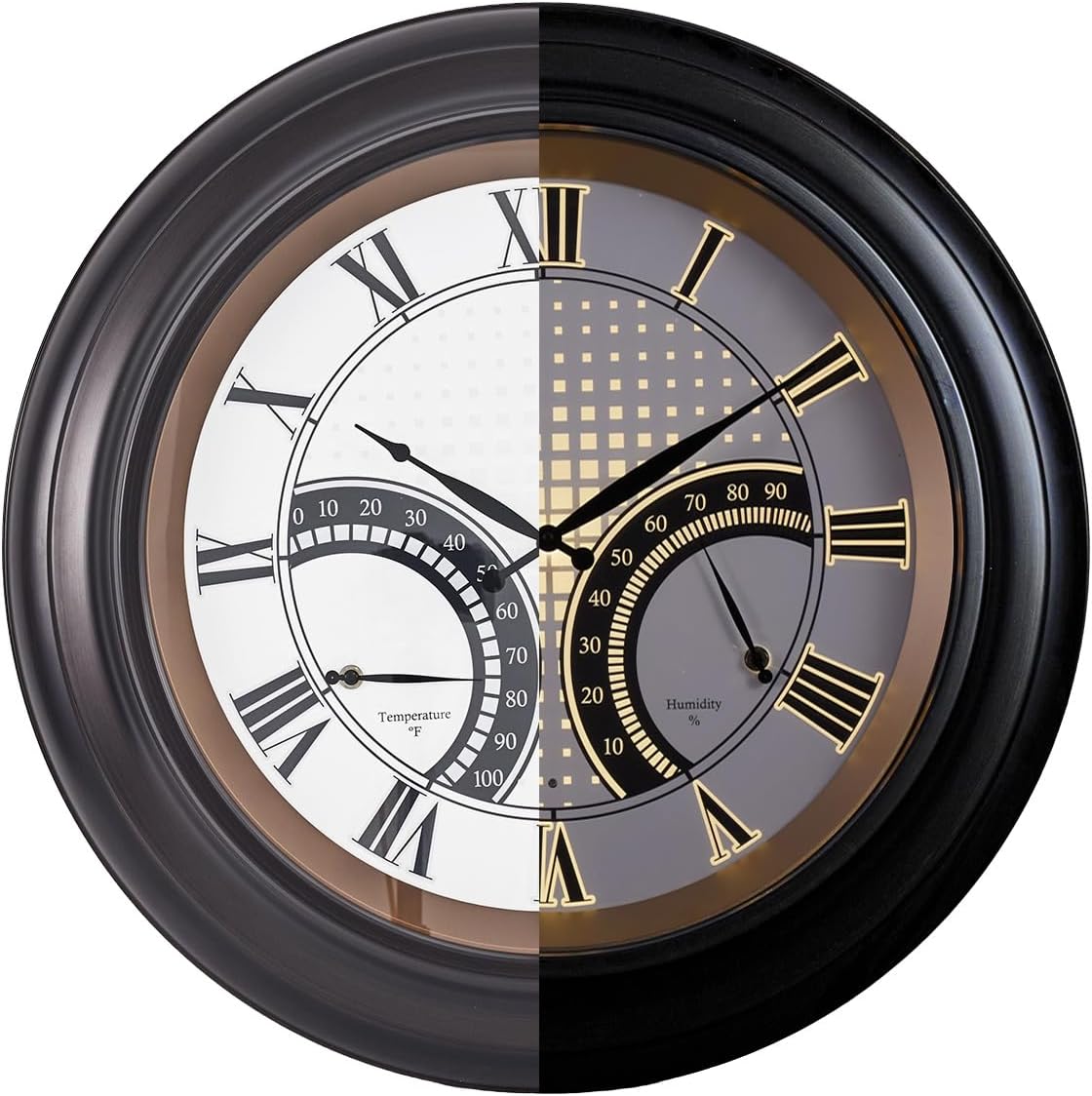 ANDY STAR 24 Inch Outdoor Clocks Waterproof,Large Outdoor Wall Clocks for Patio with Thermometer, Weatherproof Illuminated Clock Battery Operated with Thermometer&Hygrometer,Oil Rubbed Bronze Black