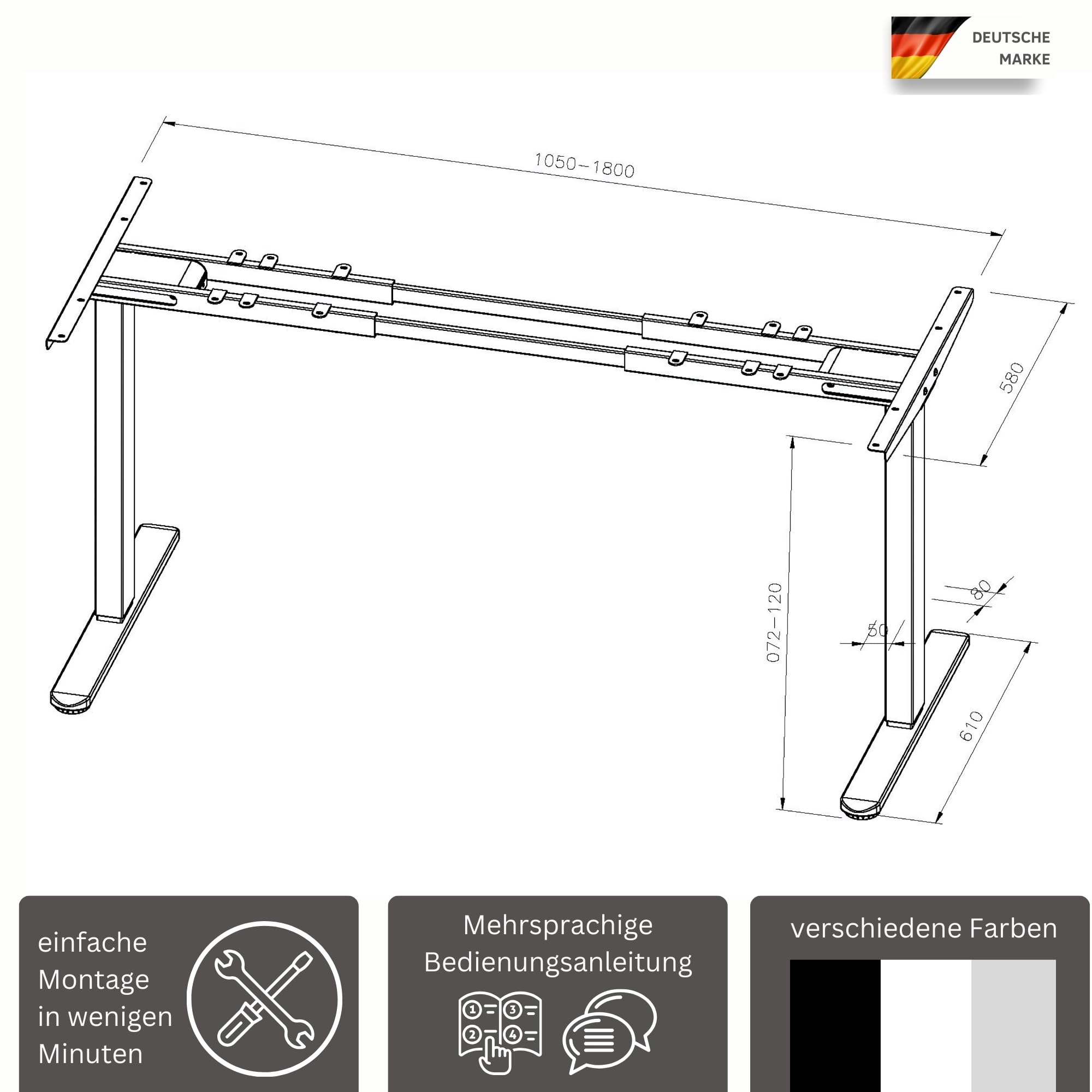 ALBATROS höhenverstellbares Schreibtisch Tischgestell elektrisch | Lift S5 Schwarz | Gestell, Tischbeine, Tischfüße aus Metall | Display | 120Kg belastbar | Für extra breite 2m Tischplatten