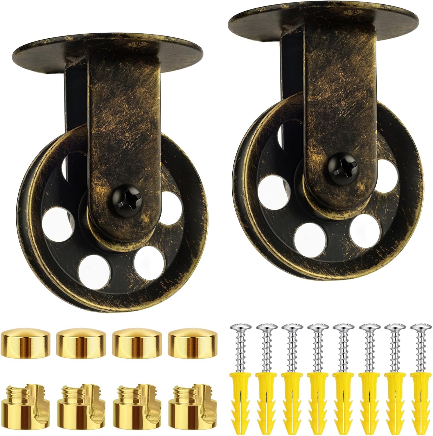 Pulley Wheel Kit, Wall Ceiling Mount Pulley for Plug in Pendant Light, Vintage Metal Pulley Wheels Set for Pendant Lighting Chandelier Ceiling Lights (Brushed Antique Gold)