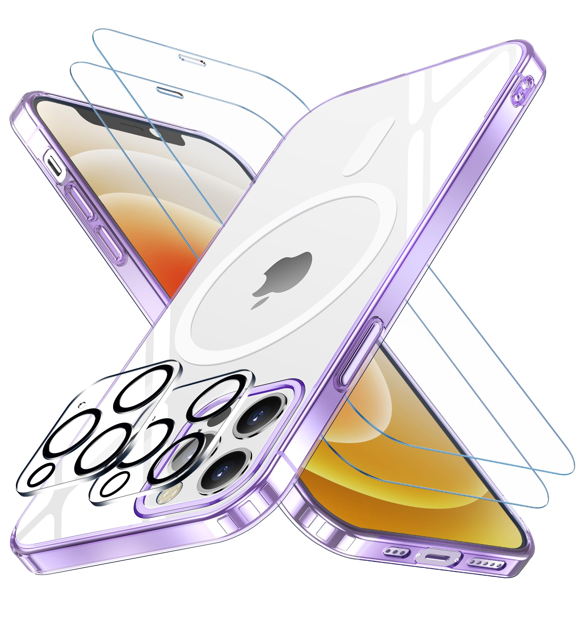 Elando Magnetic Case for iPhone 12 Pro Max [Compatible with Magsafe] [2 Pack Tempered Glass Screen Protector + 2 Pack Camera Lens Protector], Super Slim Phone Case (0.39" Added) - Clear Purple