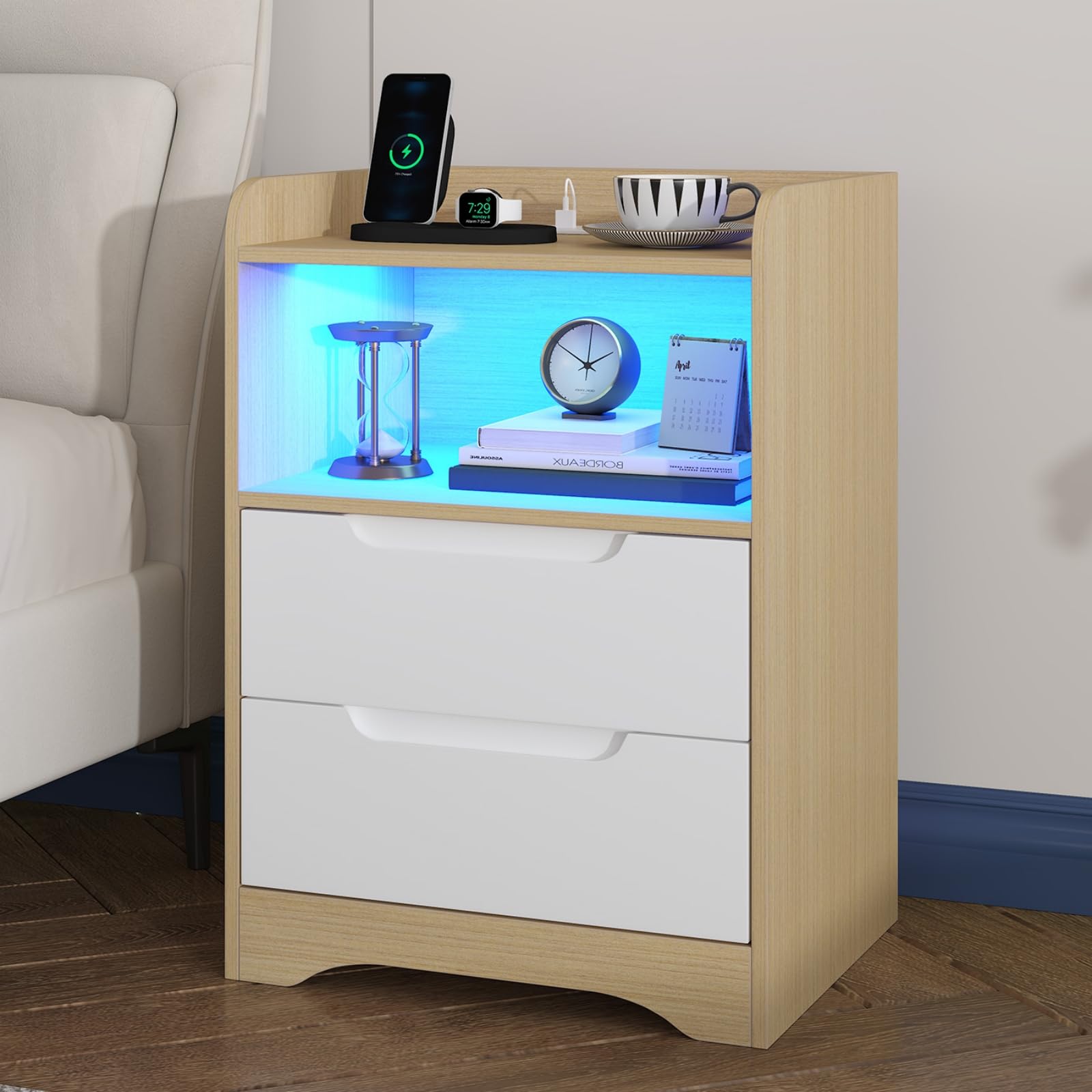 Brinlawb Bedside Table with 2 Drawers, Bedside Cabinet with LED Lights & Charging Station (2 AC Sockets, 1 USB-A, 1 USB-C Port) Tabletop with 3-Sided Guard Rail to Stop Items Falling, Side Table Oak
