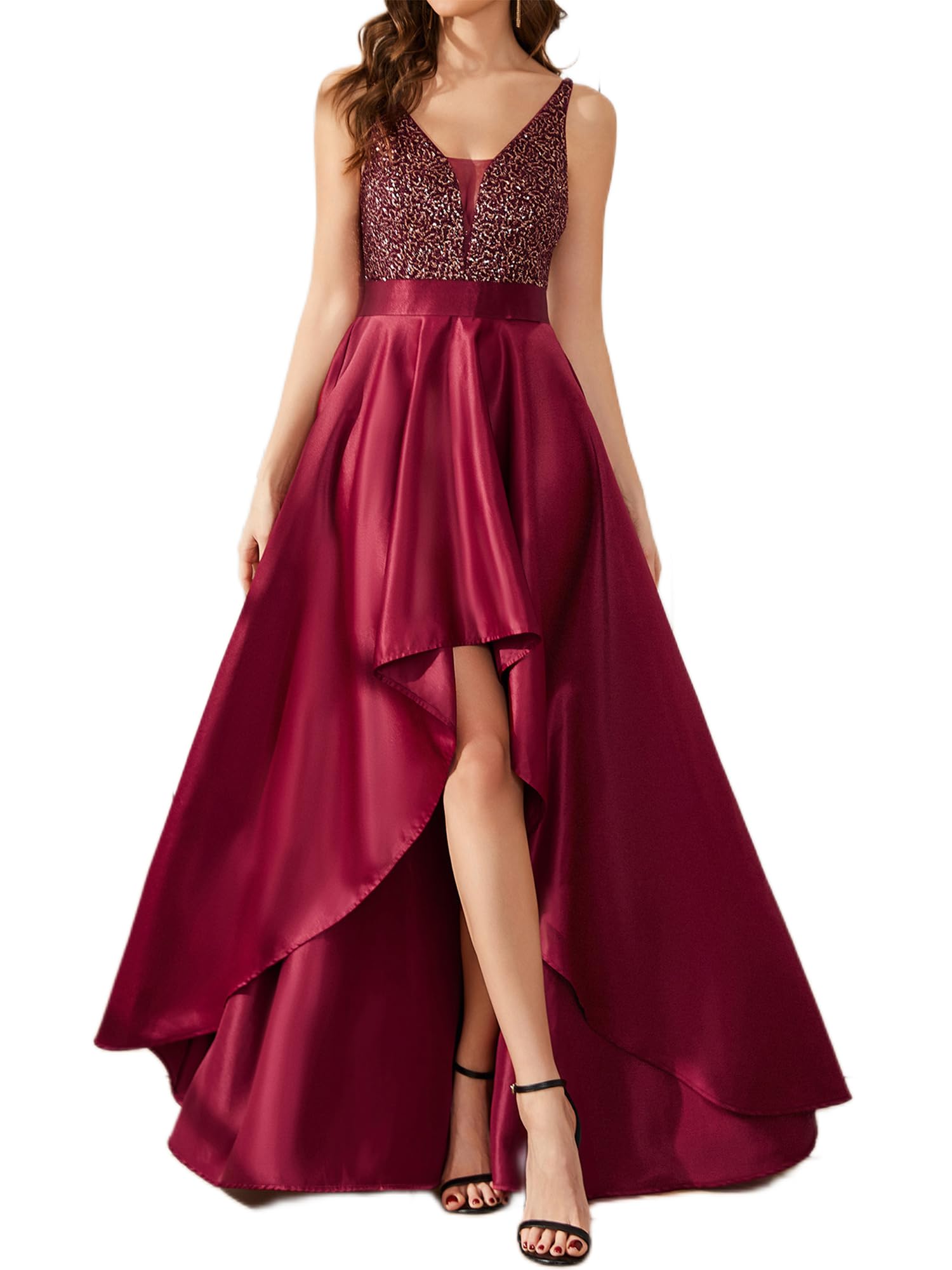 Women's V-Neck Prom Dresses A-line High-Low Evening Gowns Backless Sequin Formal Wedding Guest Dress 00667