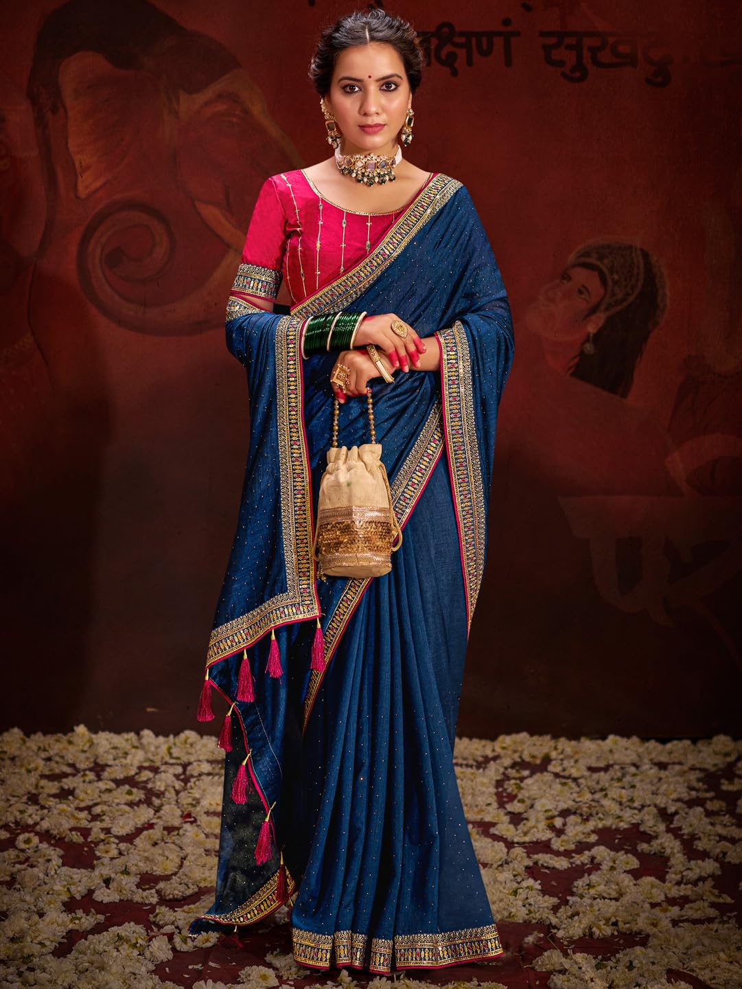 SAREE MALL Women's Navy Blue Vichitra Silk Embroidered Saree with Unstitched Blouse Piece(AYUSHI4005_SUM)