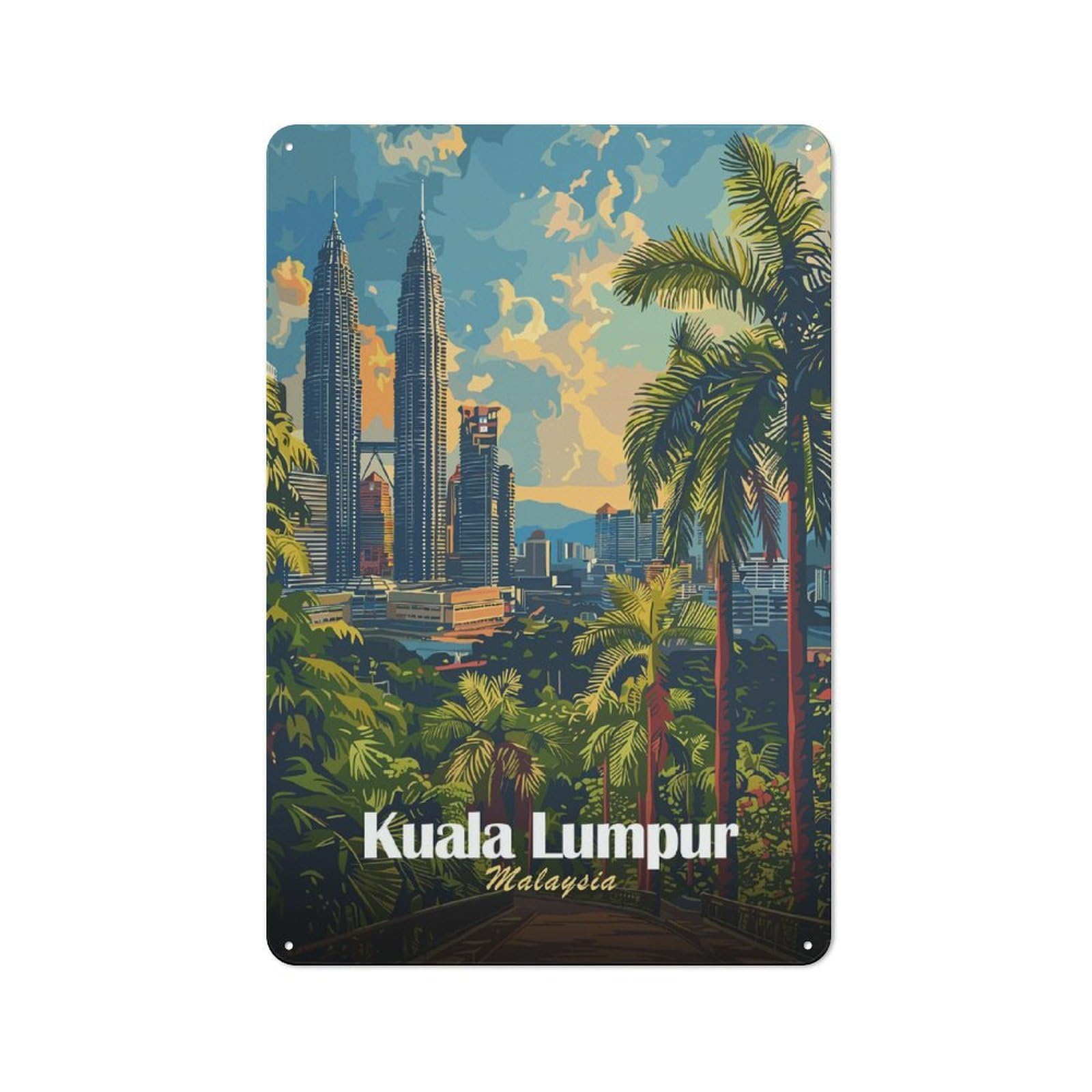 Junmoney Style-3 Classic Vintage Metal Sign 30X20cm Featuring Kuala Lumpur, Malaysia Cityscape Art, Classic Pub Decor For Bar, Kitchen, Garage Or Games Room