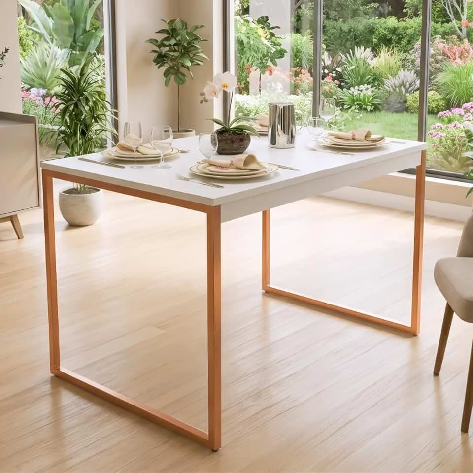 Mesa de Jantar MDF Premium e Aço Estilo Industrial 100x60cm Ideal para Apartamento Sala de Estar - Cobre Rose