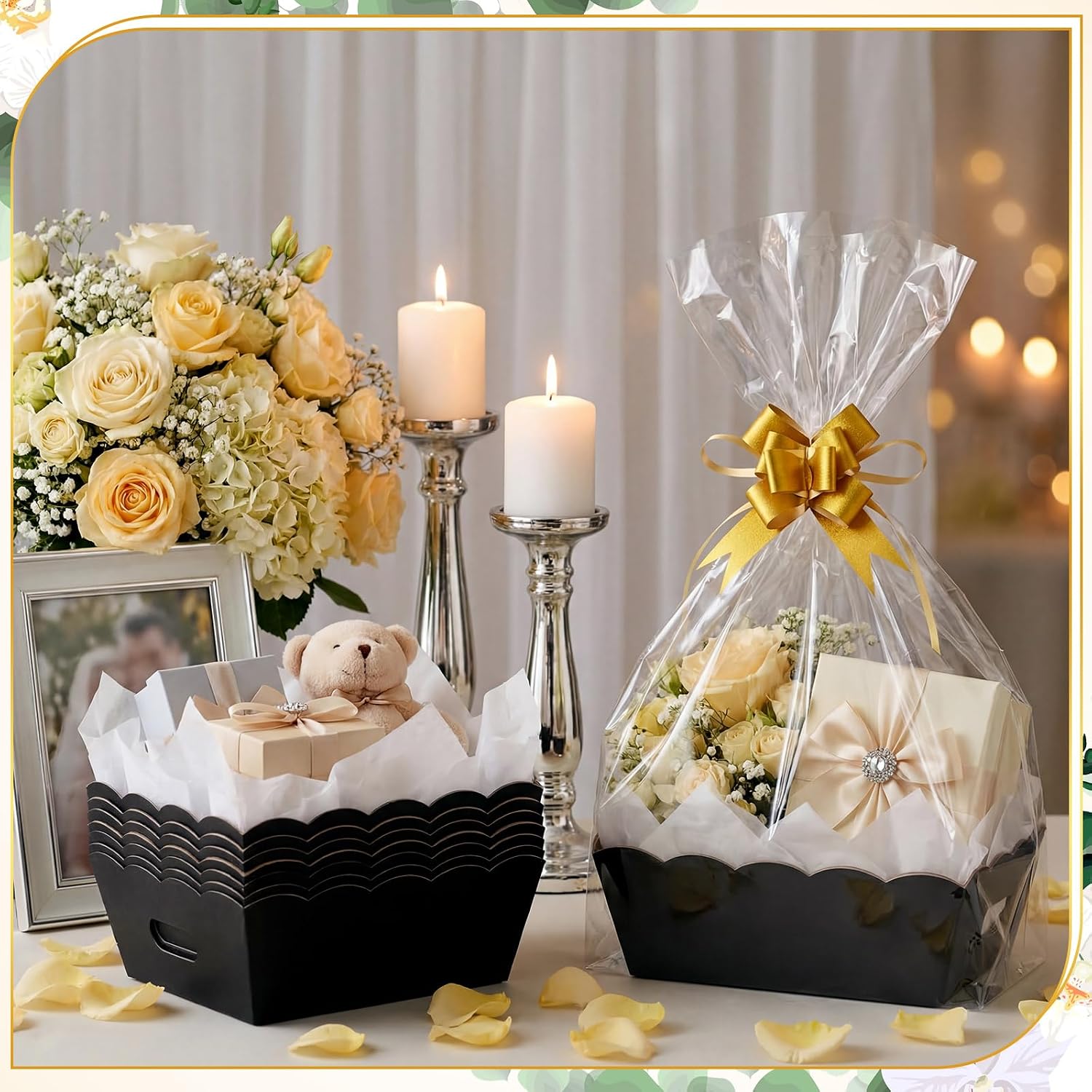 Fuyoooo 8 Pack Black Basket for Gifts Empty to Fill, 10" x 8" Thick Sturdy Kraft Scalloped Edge Gift Basket with Handle, 8 Wrap Bag 8 Bow 16 Tissue Paper for Christmas Wedding Birthday Wrapping Gift