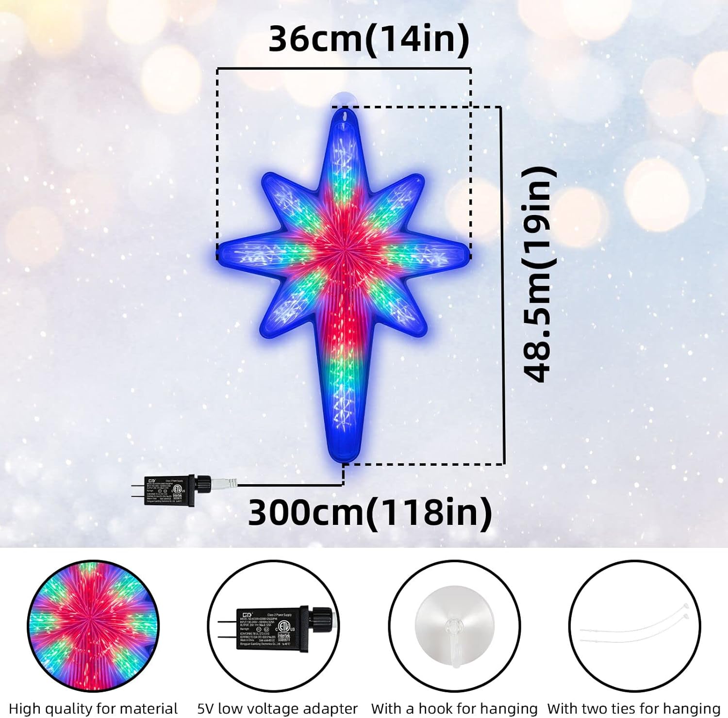 LAMPHOME 20" 44 LED Bethlehem Star With Movement,3D Bethlehem Star digital flash-Shooting Star - Hanging Outdoor Christmas,Use for Holiday Decoration, Porch Light, 3D Fixture, Advent Star (Multicolor)