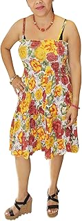 Mogul Interior Women's Beach Dresses Colorful Yellow Printed Strappy Day Dress S/M