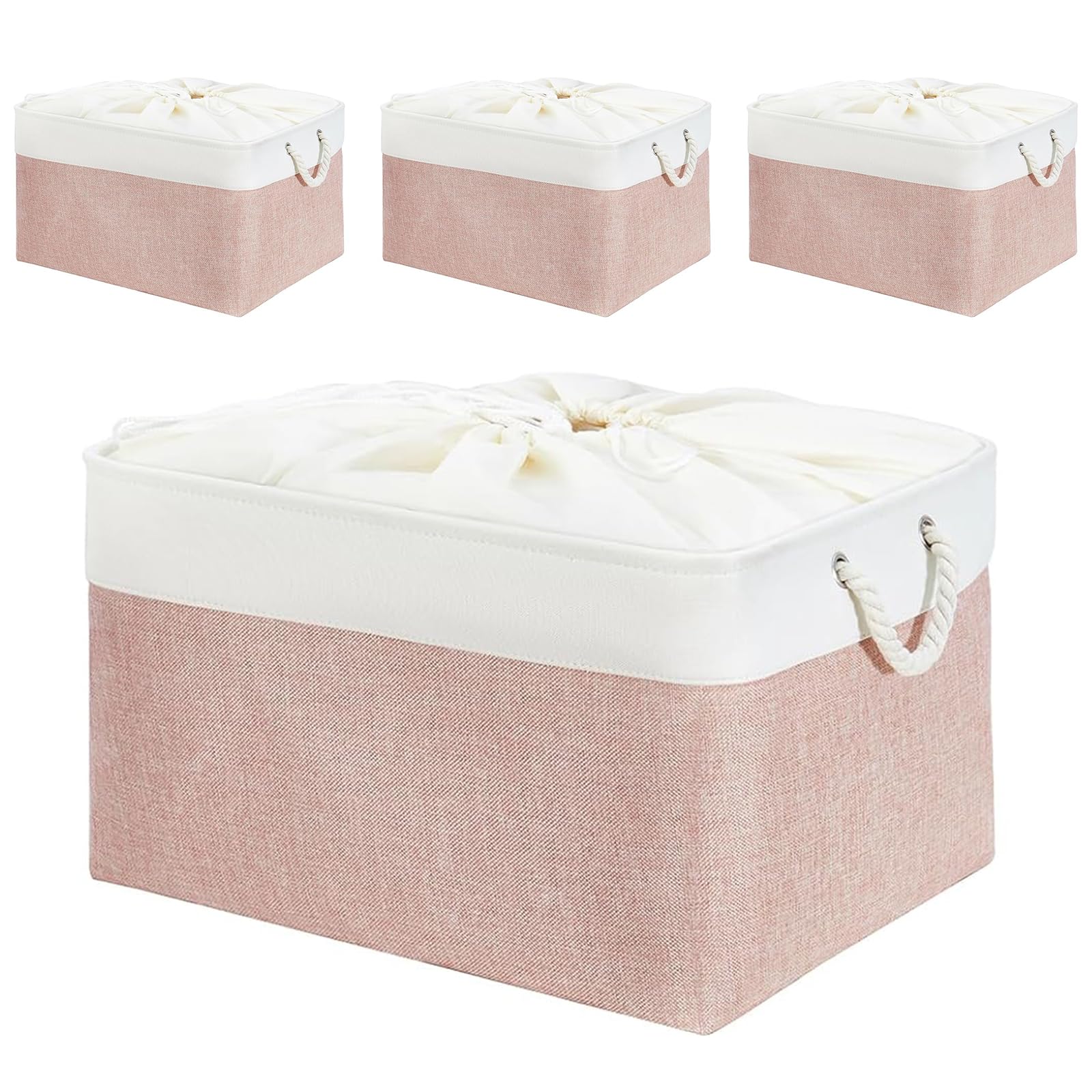 Mangata Cajas de almacenamiento de tela suave, varios tamaños, cestas rectangulares para estantes, armarios, juguetes y ropa, 45 x 35 x 24 cm, rosa y blanco (XL, paquete de 4)