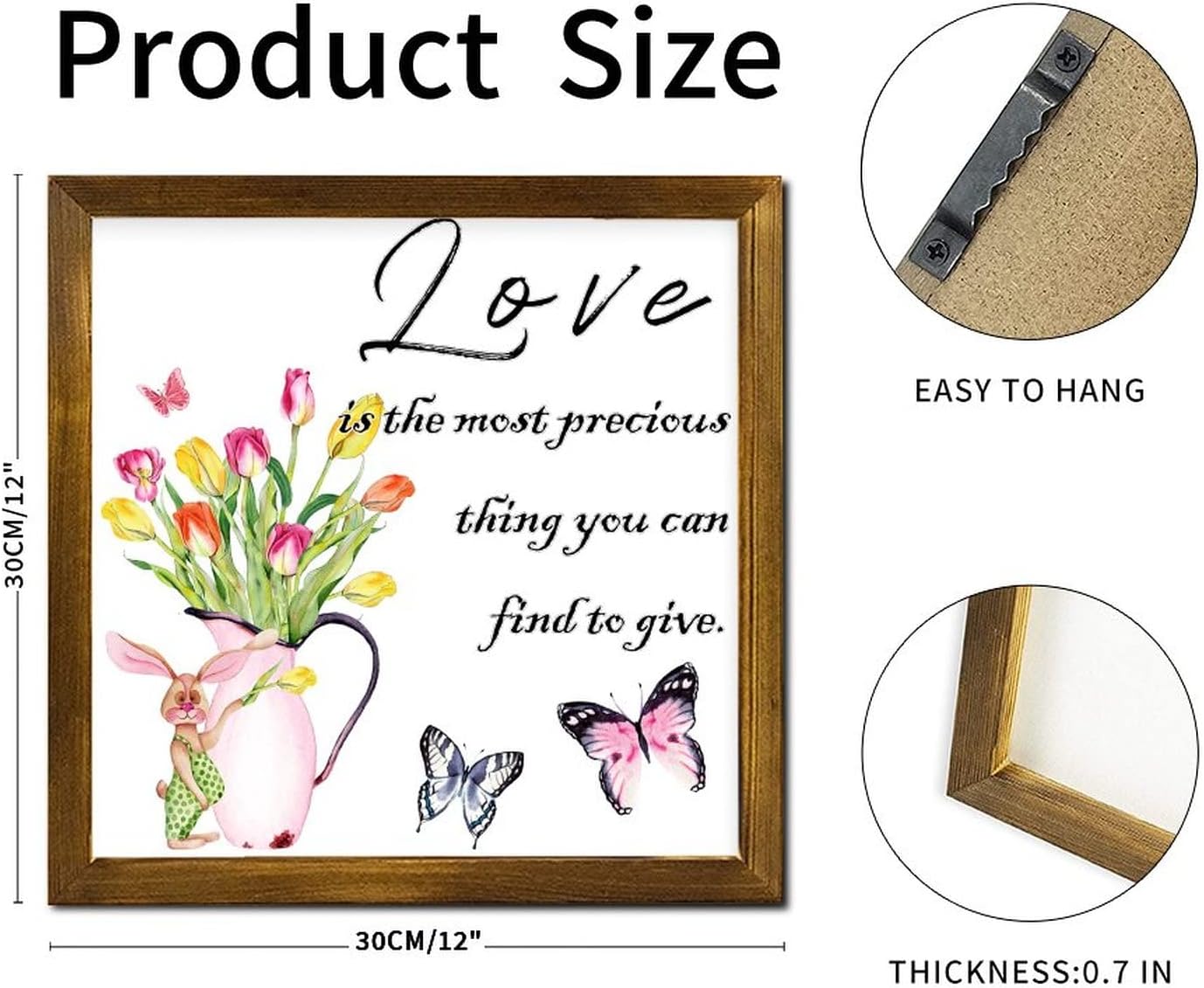 Love is The Most Precious Thing You Can Find Framed Wood Sign Butterfly Tulip Flower in Kettle Positive Wall Plaque Botanical Artwork Wall Art Hanging Decoration Plaque for Bedroom Home 12x12 inch