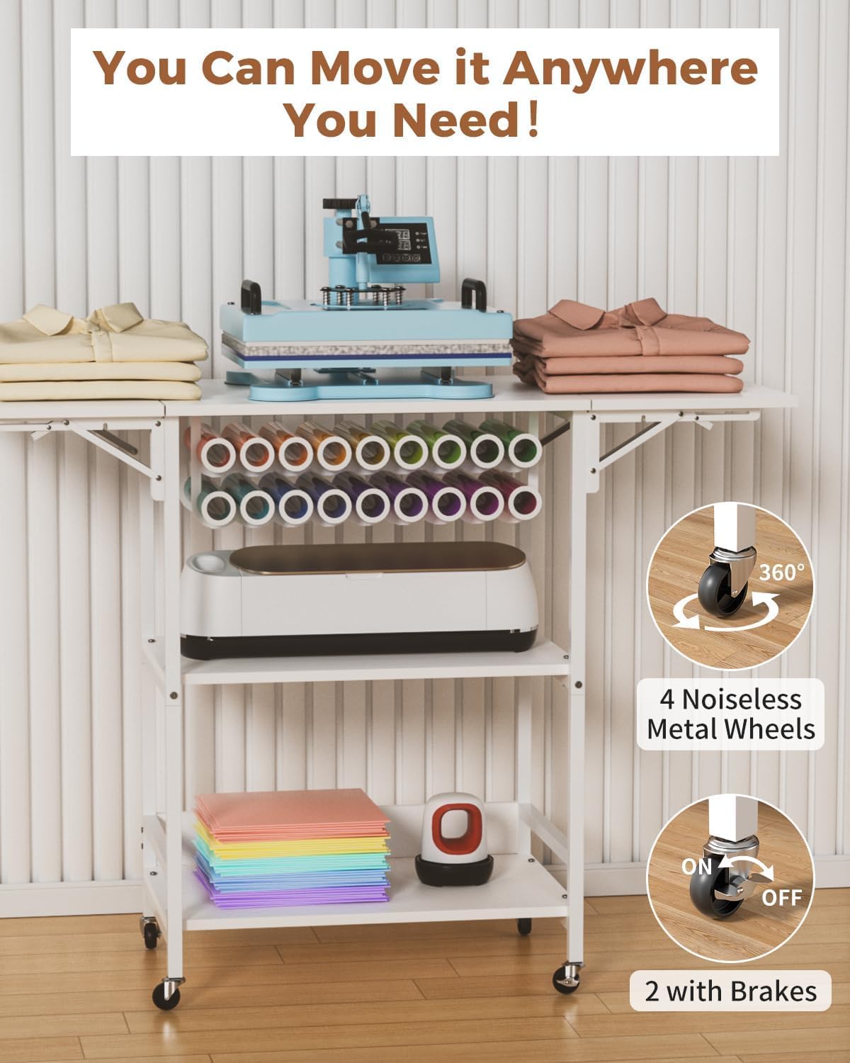 3 Tier Heat Press Table -Foldable Heat Press Stand with 18 Vinyl Roll Rack & Lockable Wheels, Heat Press Cart Compatible with Heat Press & Sublimation Printers