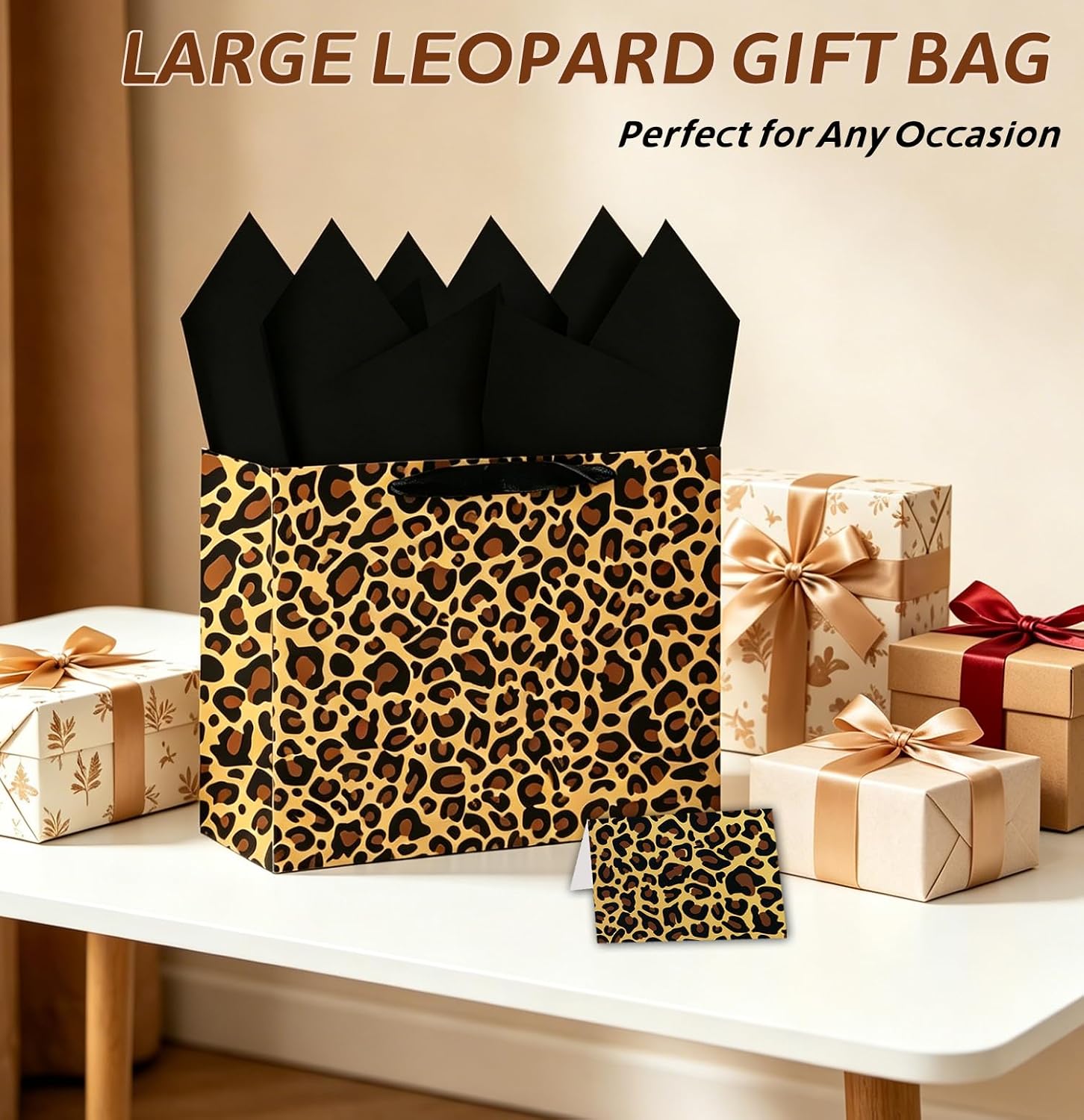 MUNILAIL 13 Inches Leopard Gift Bag Large Cheetah Print Gift Bag with Handle Tissue Paper and Greeting Card for Jungle Safari Bachelorette Girls’ Birthday Themed Party Paper Gift Bag image 2