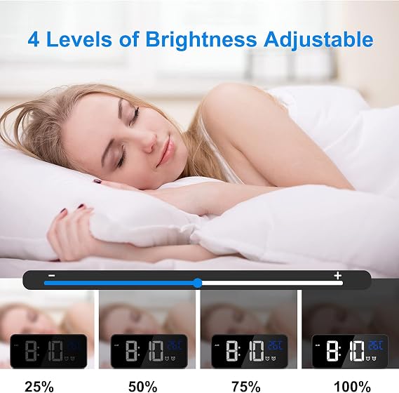 CHEREEKI Reloj Despertador Digital, Despertador Alarma Dual Digital Alarm Clock con Temperatura, 4 Brillo Ajustable Función Snooze, Puerto de Carga USB, 12/24 Horas, 13 música (Negro)