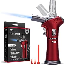 MK Butane Torch Lighter, 90 Rotating Head Kitchen Torch with Adjustable Flame, Safety Lock and Continuous Flame Lock for Creme Brulee, Baking, BBQ, Crafts and Soldering Butane Not Included