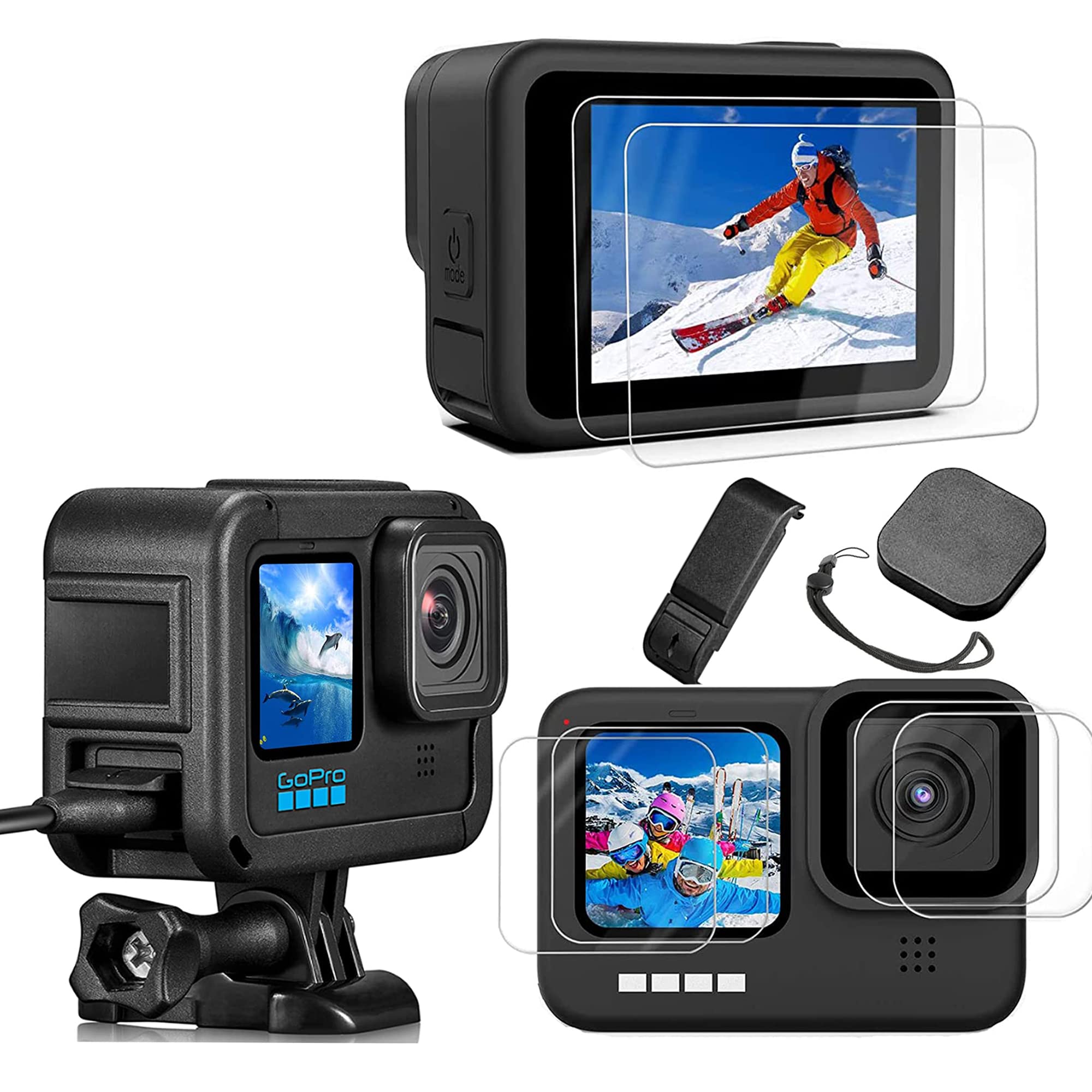 GoPro Hero 12 11 10 9 Screen Protector+Replaceable Battery Side Cover+ Against-Drop Frame Case Camcorder Housing Case with Mount Screw Accessories for GoPro Hero 12 11 10 9 Black Action Camera