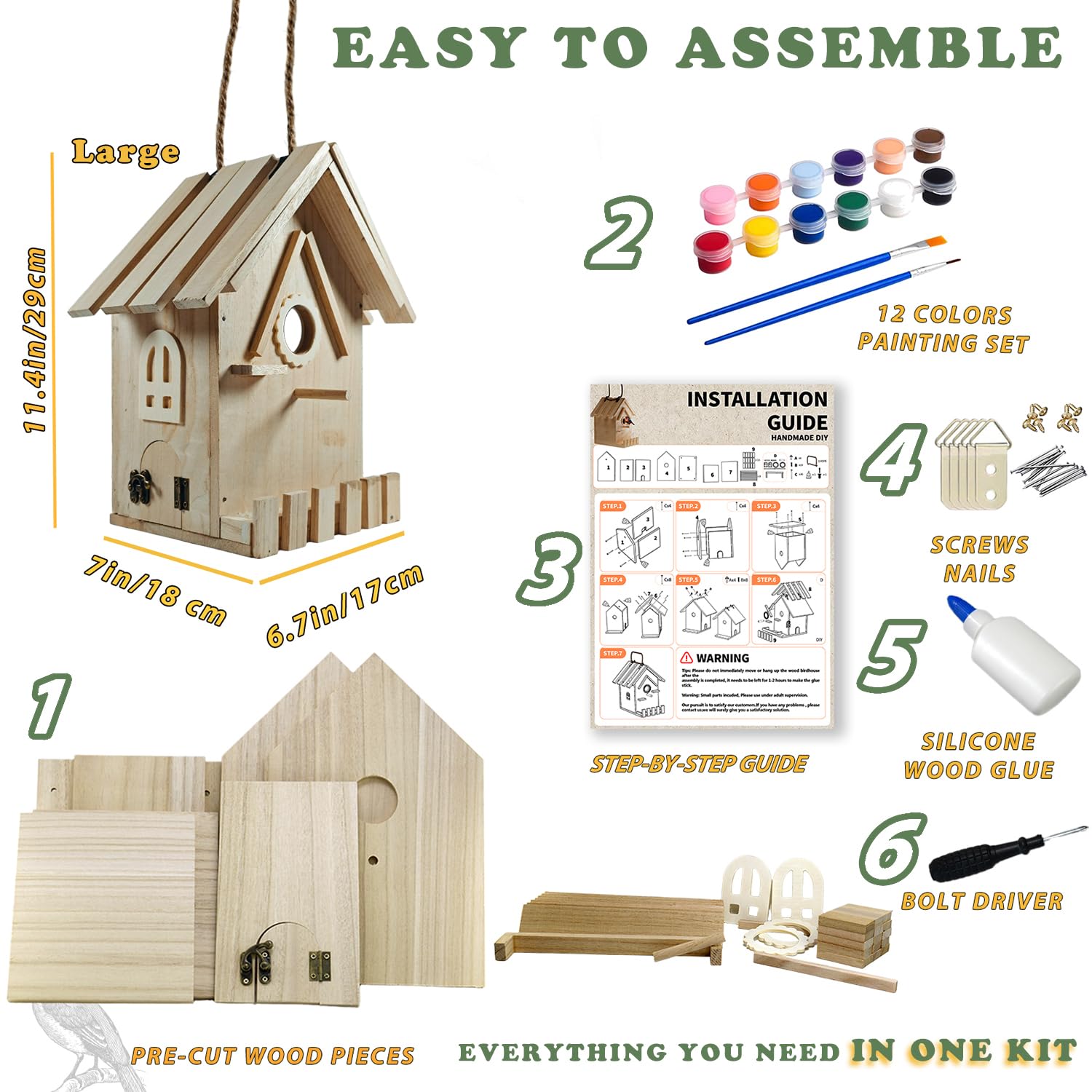 uyiixoxo Kit de casa de pájaros con madera precortada, juego de pintura, accesorios de instalación al aire libre