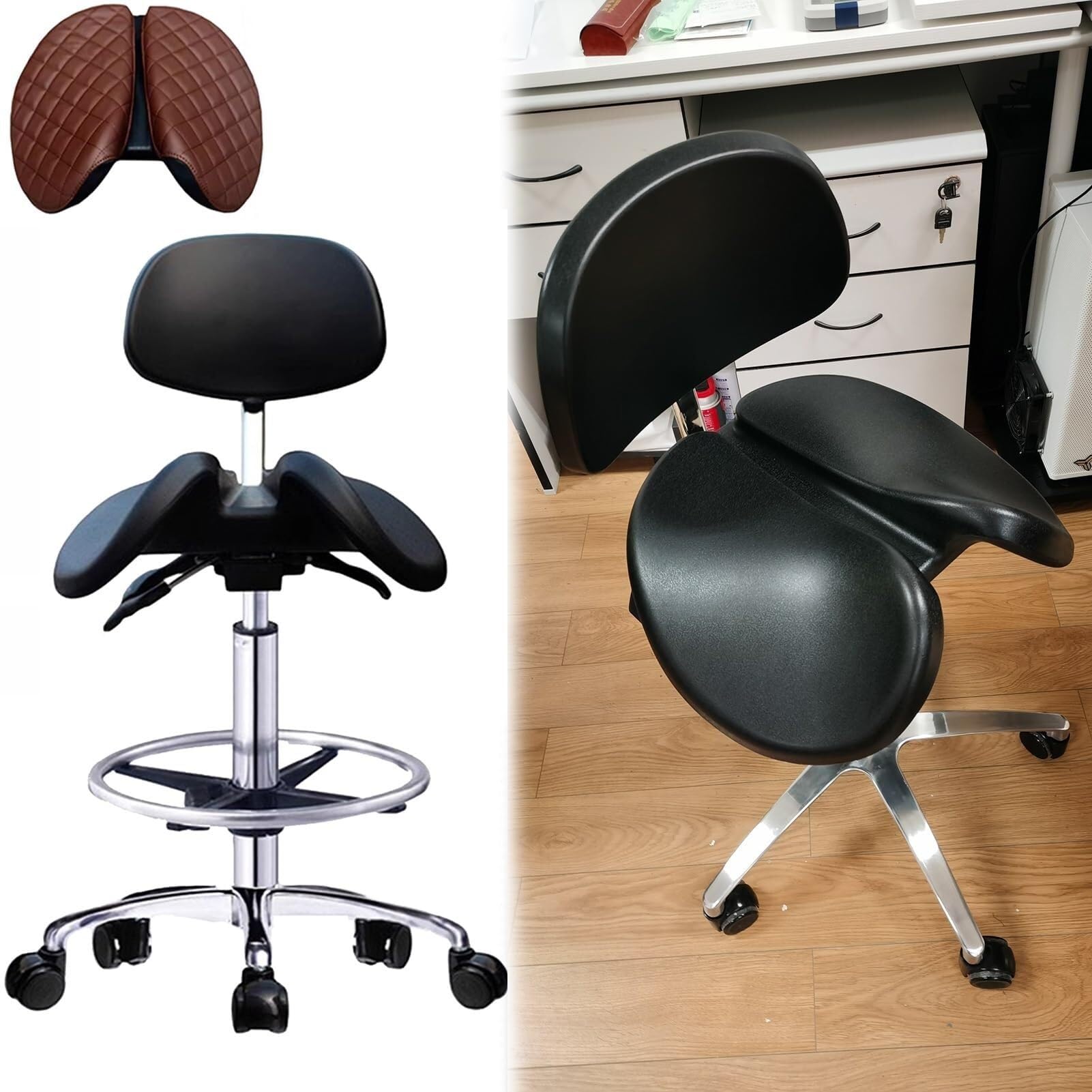 METTEOR Saddle Chair Ergonomic Office Stool with Backrest & Footrest, PU Leather Saddle Swivel Chair Improve Posture, Standing Work Desk Stool for Clinic/Tattoo (48)