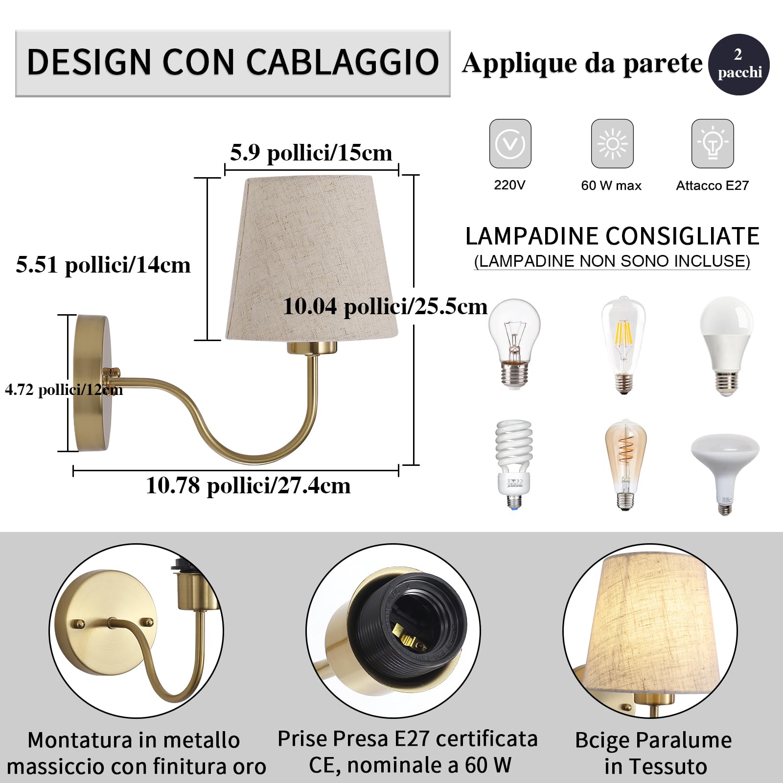 Set Da 2 Applique Da Parete Interno Moderno Vintage, Specchio Bagno, Lampada Interni Oro Camera Da Letto Comodino, E27 (Lampadina Non Inclusa)